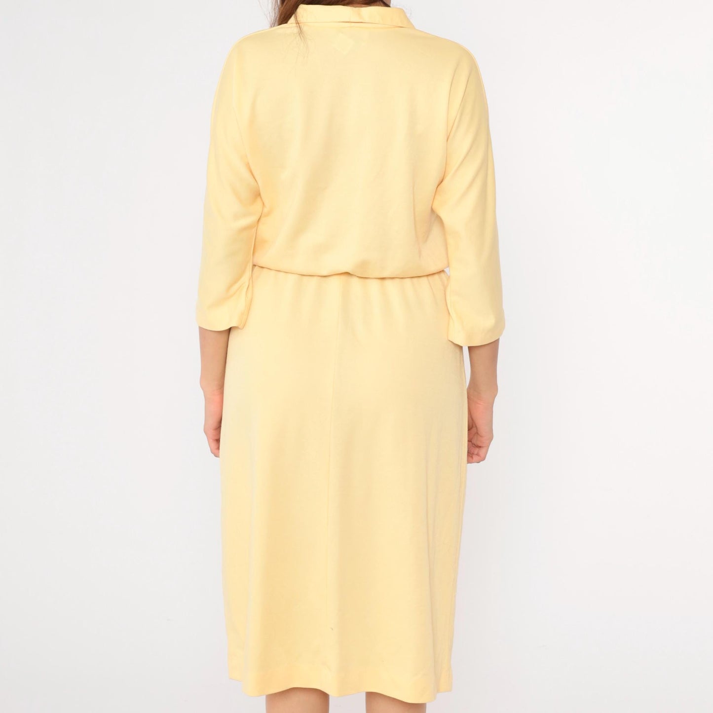 80s Yellow Midi Dress V Neck High Waist 3/4 Sleeve Small Medium