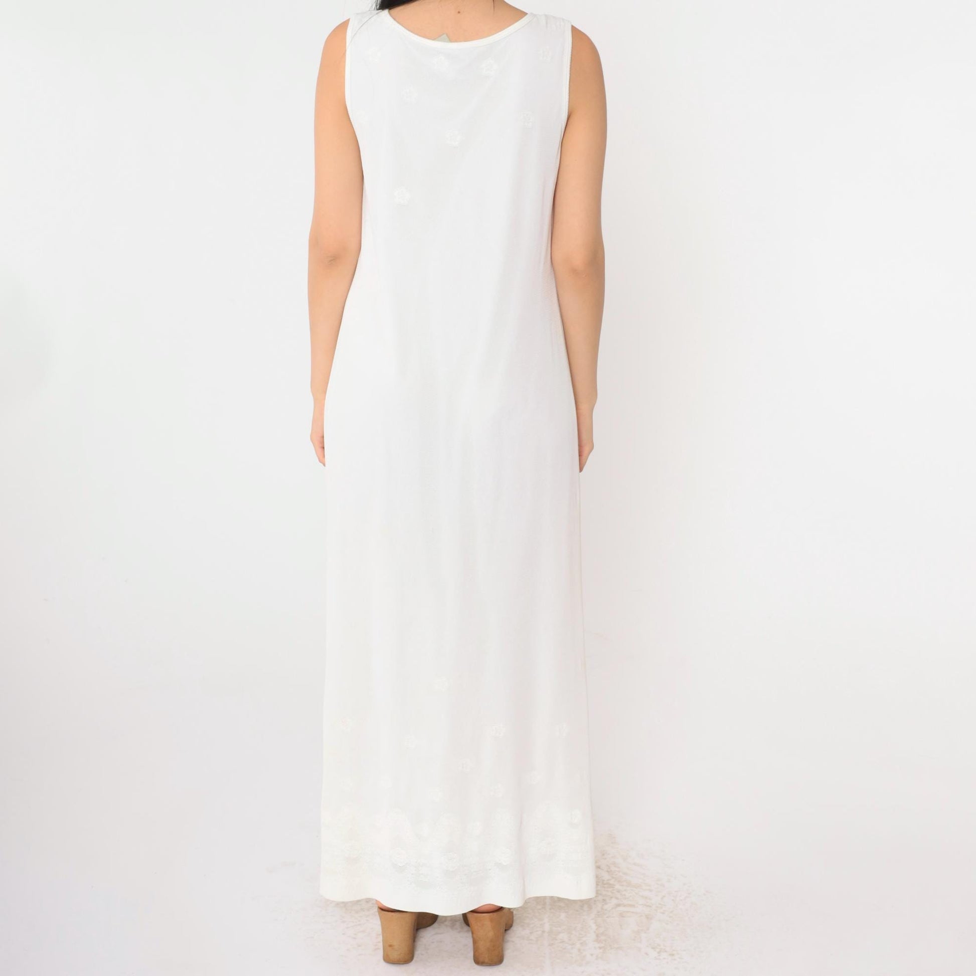 90s White Mesh Floral Lace Maxi Dress Sleeveless Scoop Neck Small