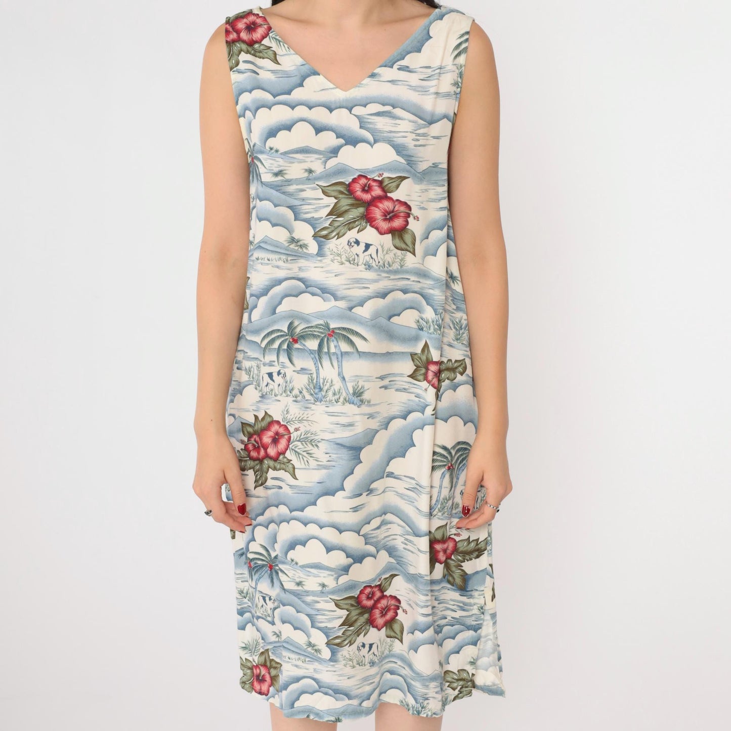 Big Dogs Tropical Floral Rayon Midi Dress V Neck Sleeveless Blue White Large