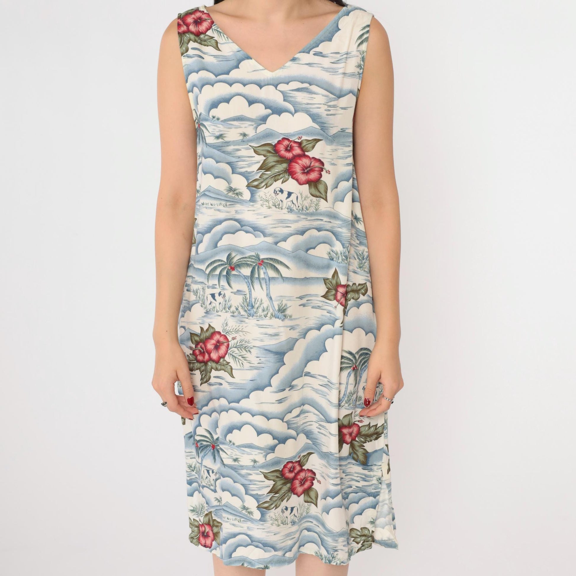 Big Dogs Tropical Floral Rayon Midi Dress V Neck Sleeveless Blue White Large