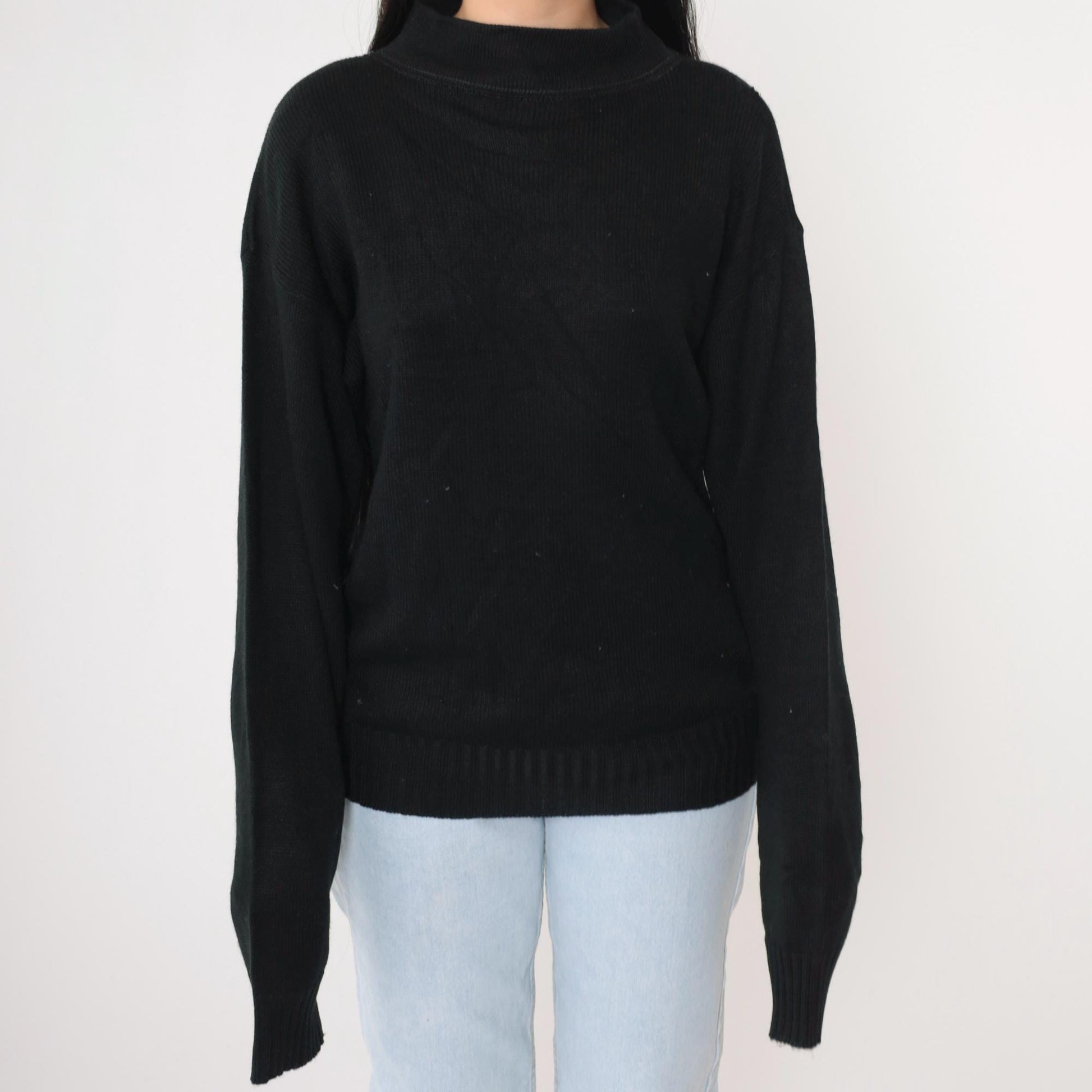 80s Black Knit Mock Neck Pullover Sweater Medium