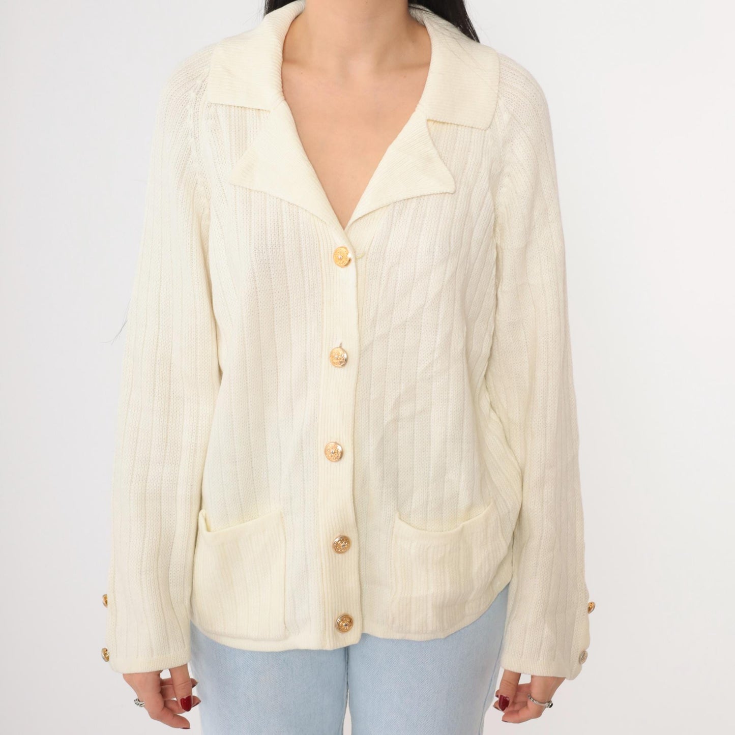 80s Ms. Casuals Cream Acrylic Cardigan Gold Eagle Buttons Medium