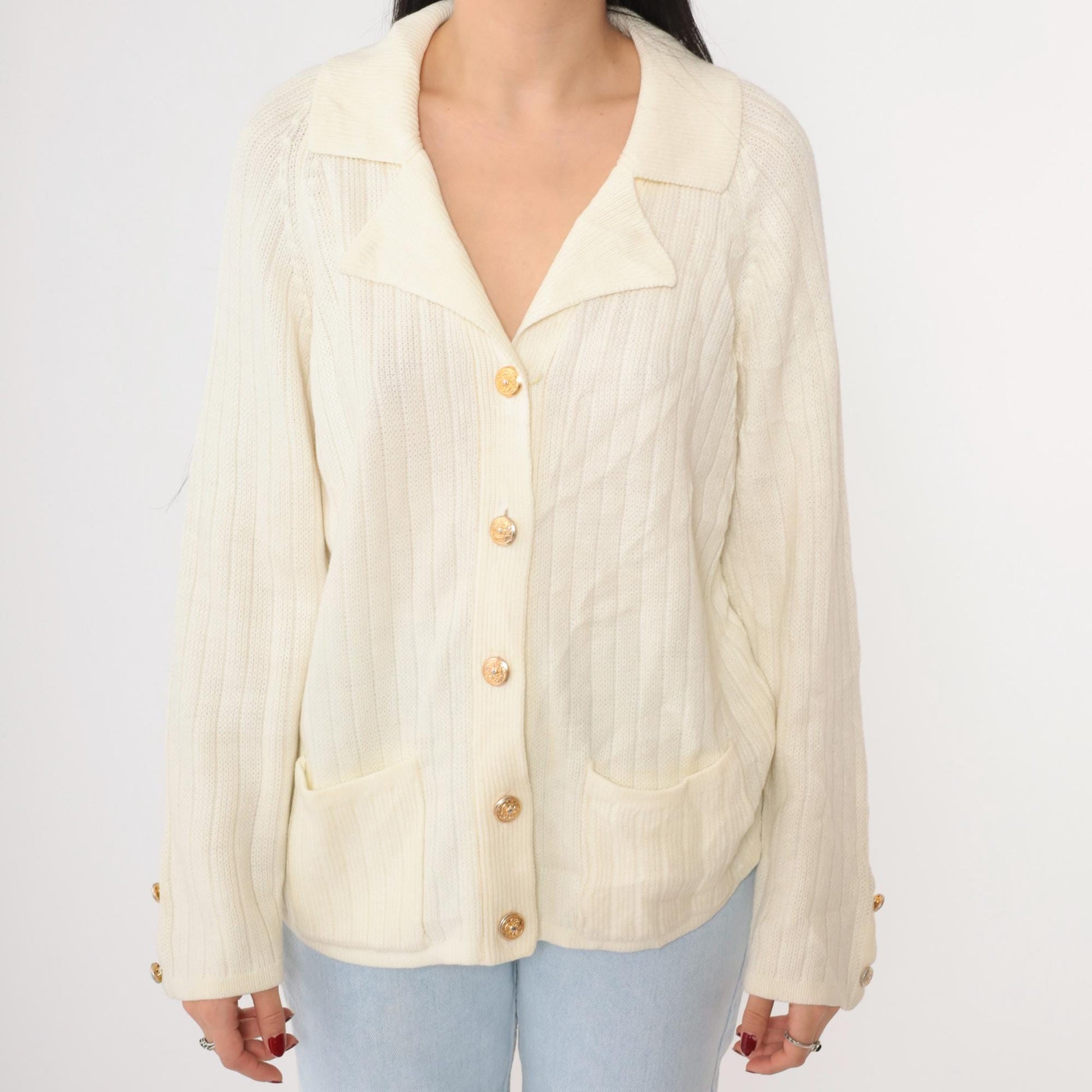 80s Ms. Casuals Cream Acrylic Cardigan Gold Eagle Buttons Medium