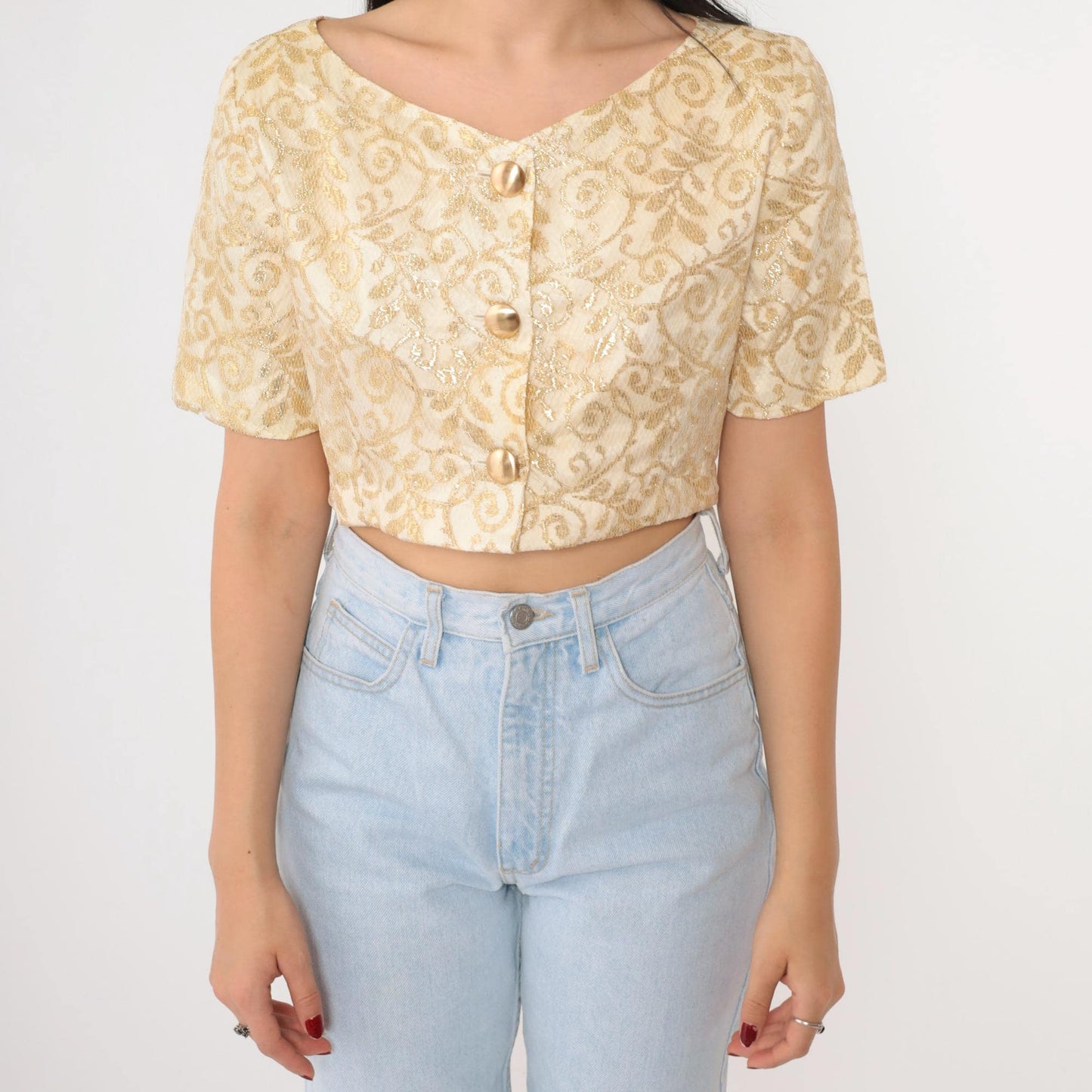 90s Cream Gold Metallic Lace Crop Top Button Up Blouse Small