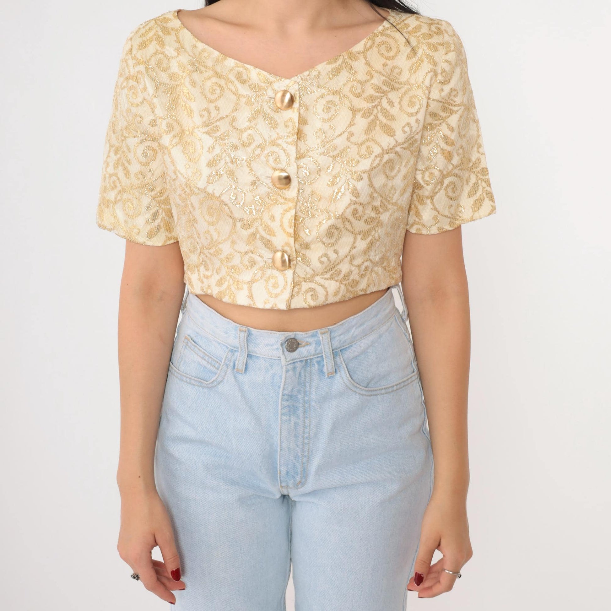 90s Cream Gold Metallic Lace Crop Top Button Up Blouse Small
