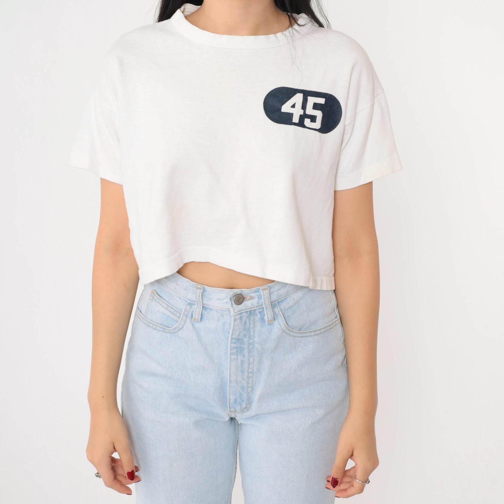 80s Champion Athletic Crop Top Number 45 White Cotton Medium