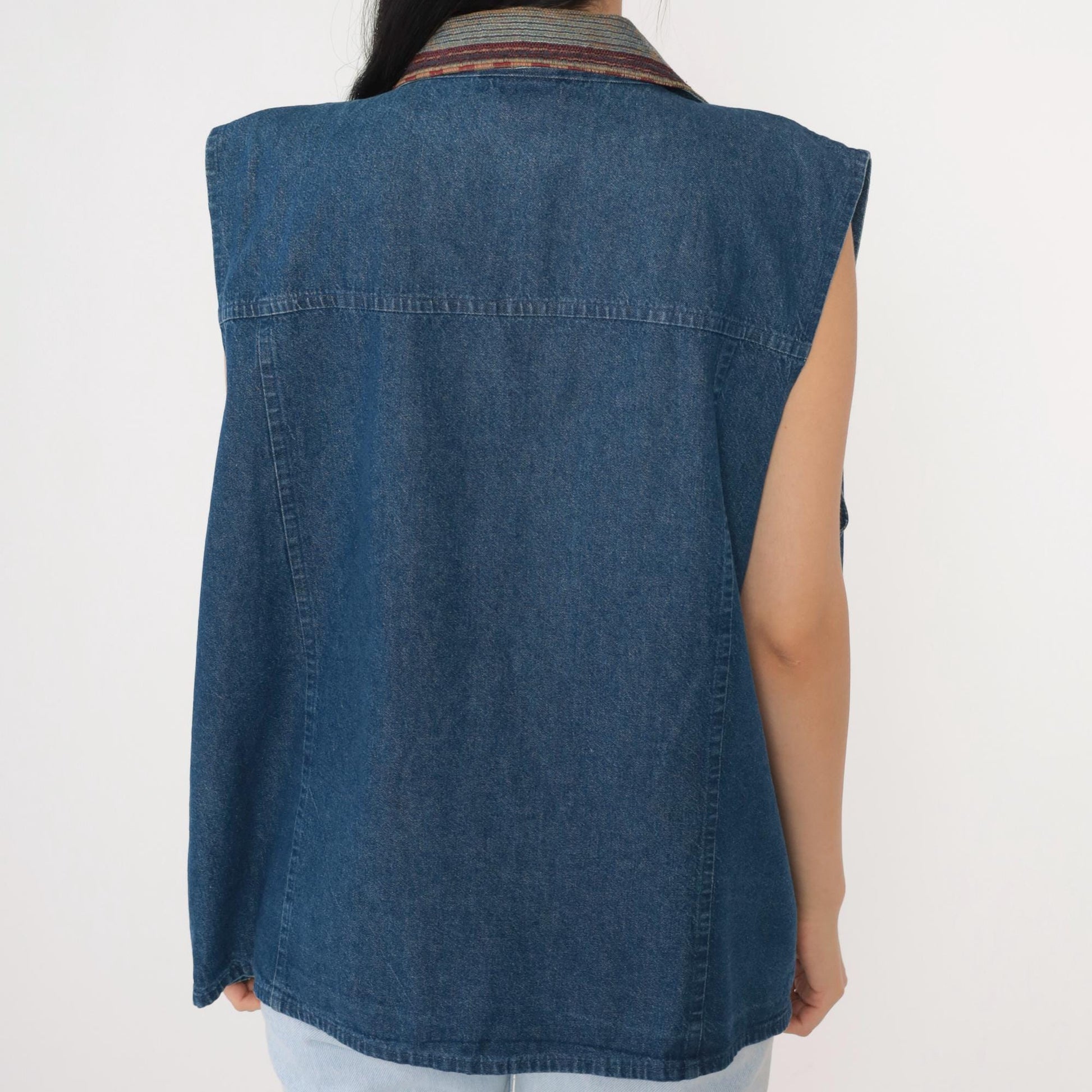 90s Southwestern Denim Vest Blue Tapestry Button Up Cotton Plus Size XXL