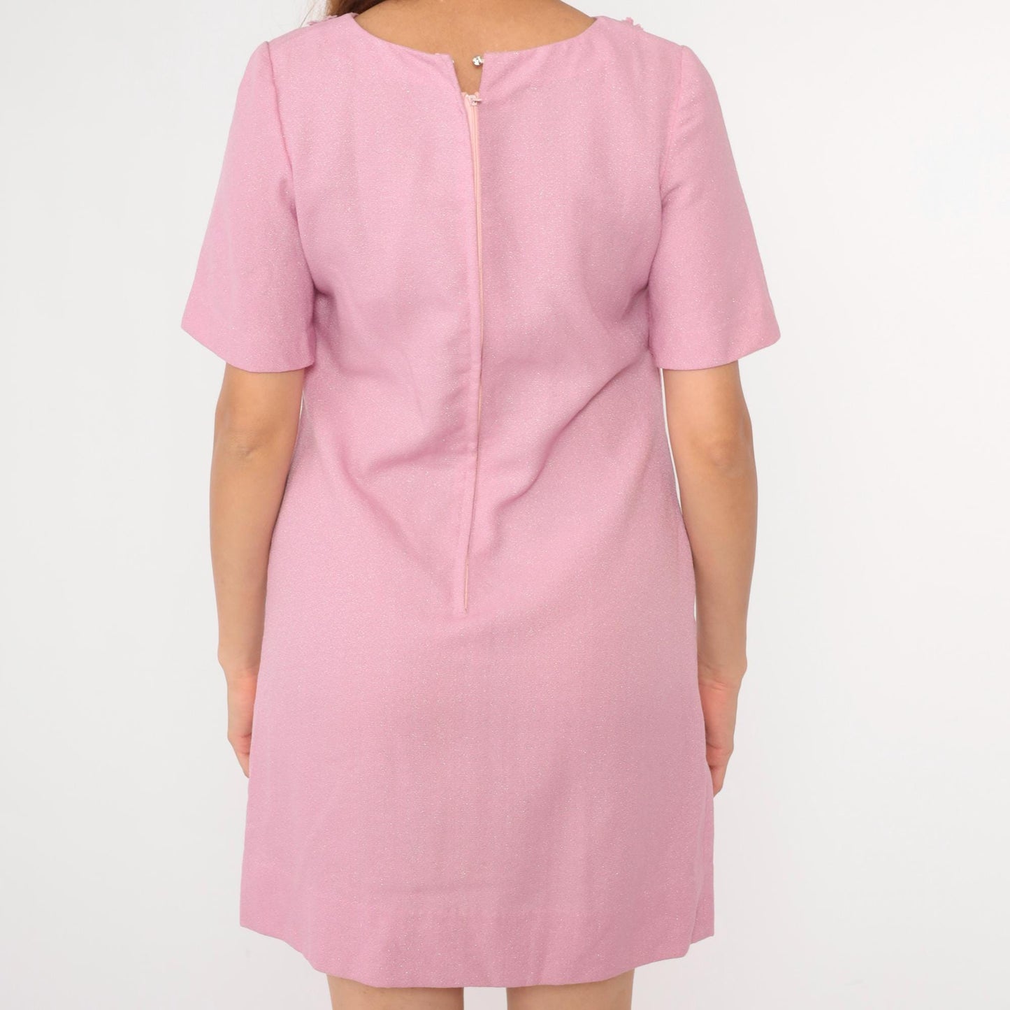 60s Metallic Pink Mini Dress Pearl Beaded Floral Shift Short Sleeve Medium