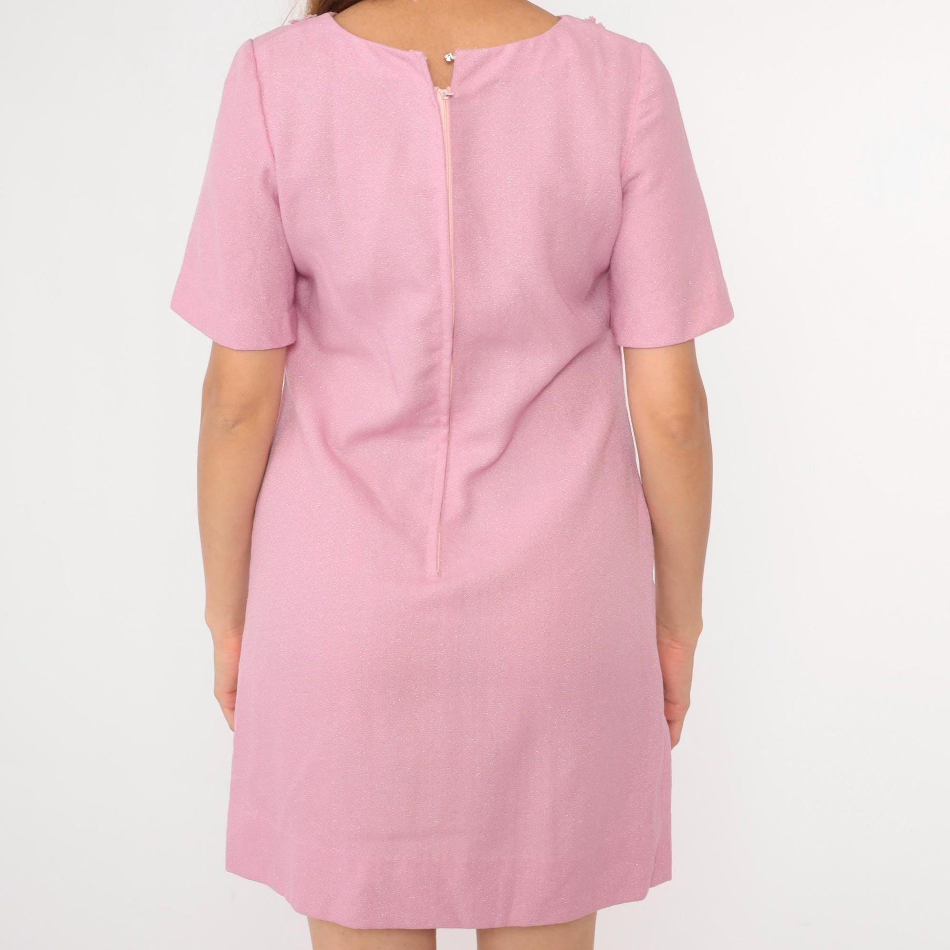 60s Metallic Pink Mini Dress Pearl Beaded Floral Shift Short Sleeve Medium