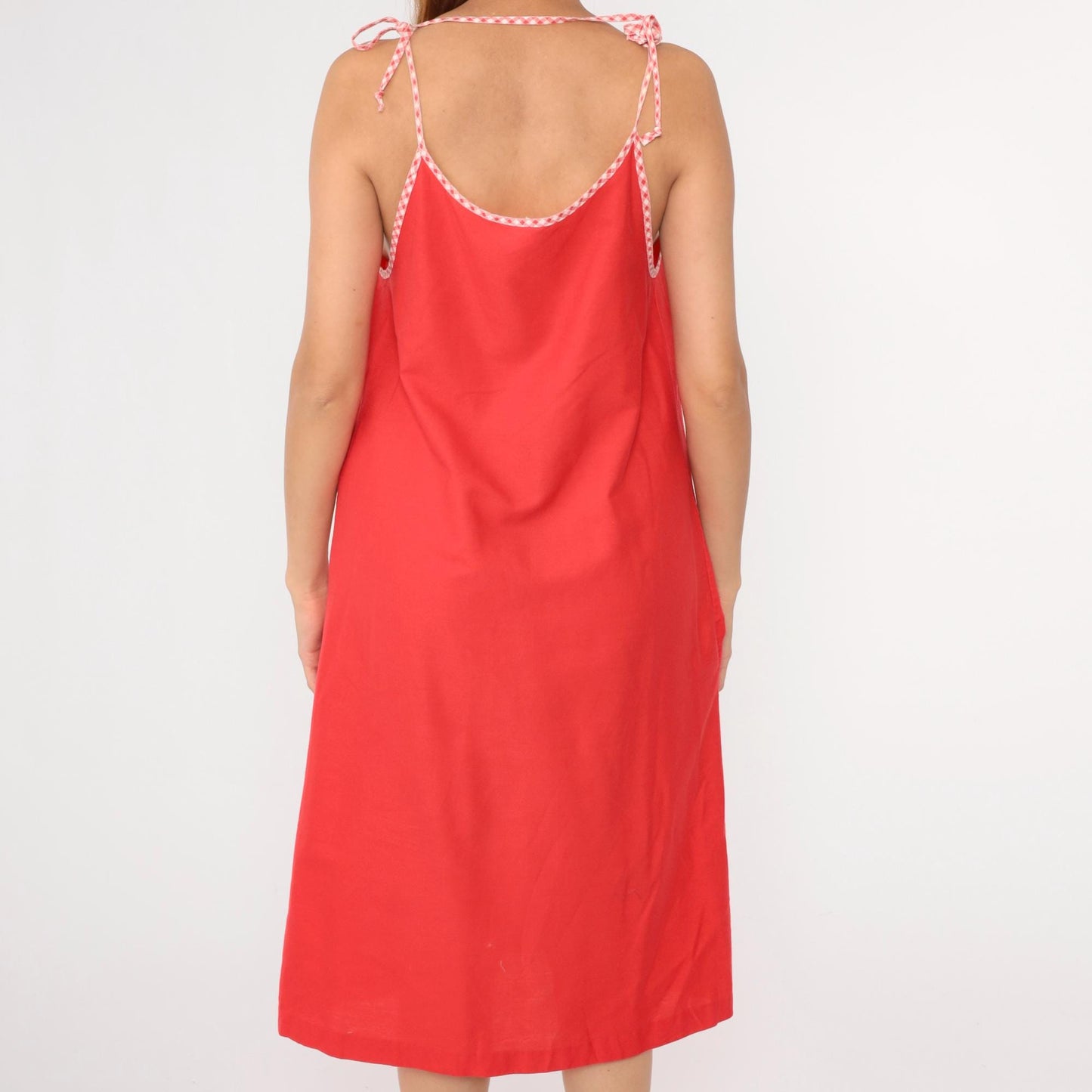 70s Red Spaghetti Strap Midi Tent Dress Checkered Trim Medium M