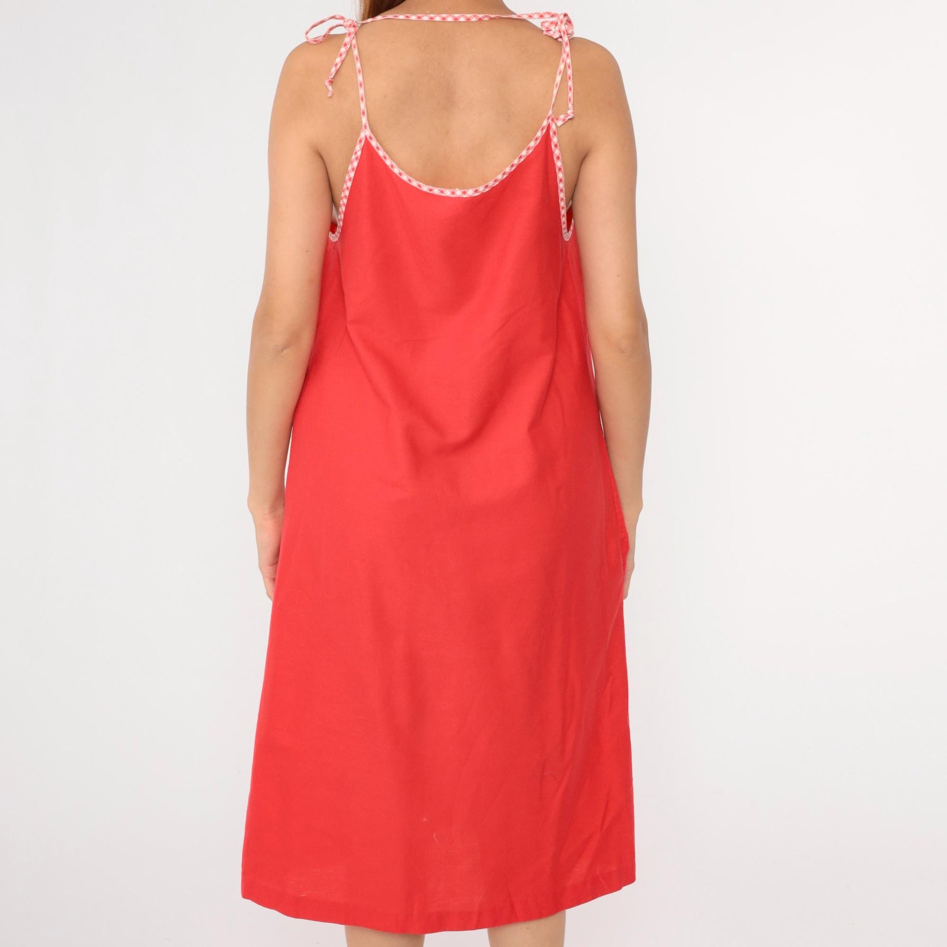 70s Red Spaghetti Strap Midi Tent Dress Checkered Trim Medium M