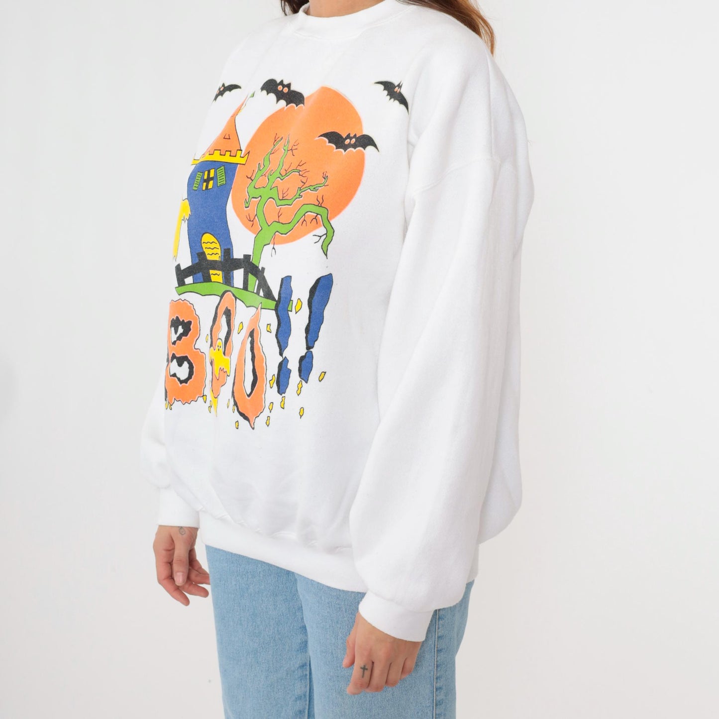 90s Tultex Halloween Sweatshirt Haunted House Boo Ghosts White Extra Large XXL