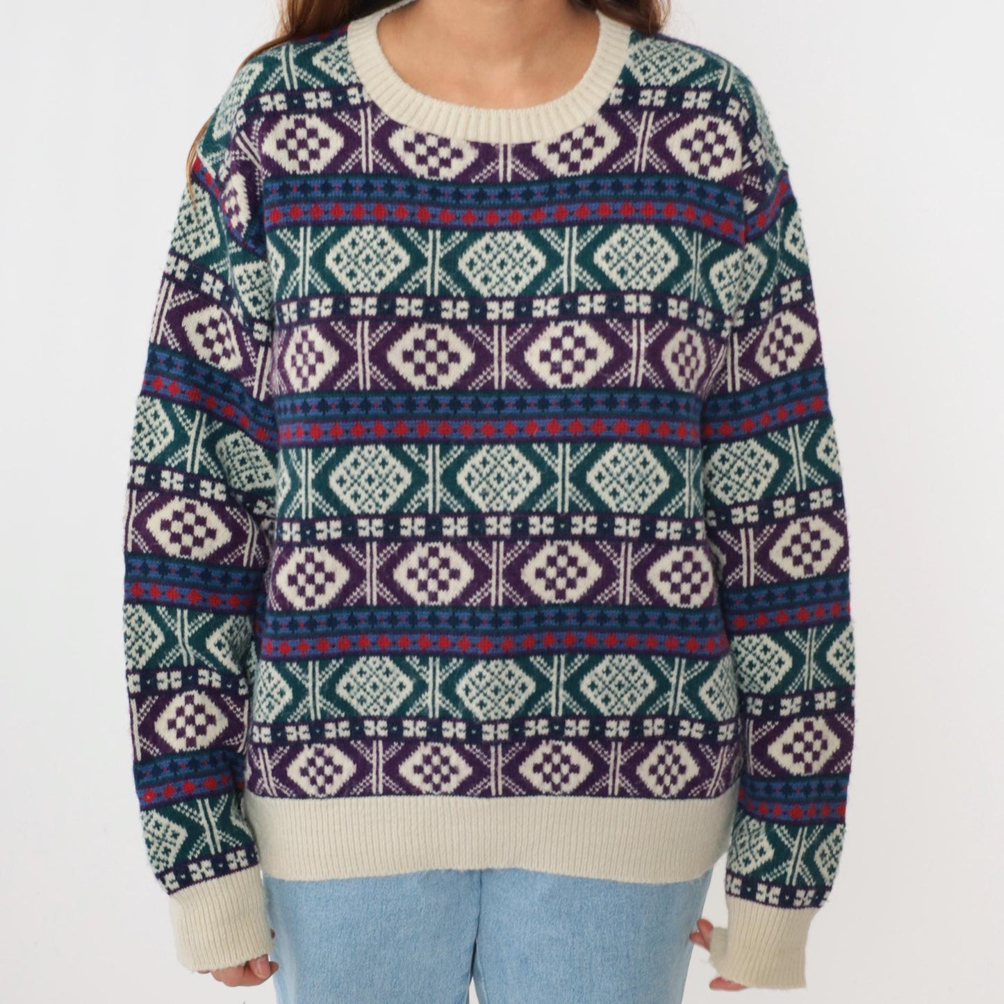 80s Nordic Geometric Fair Isle Sweater Green Purple Knit Pullover Large L