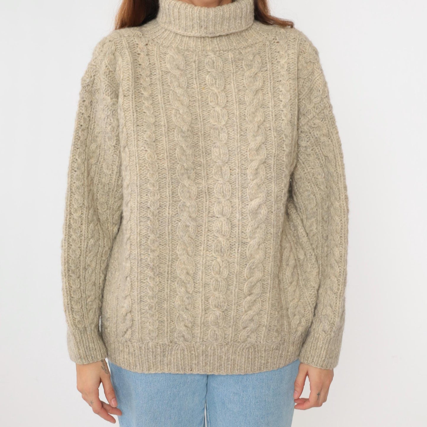 80s Beige Cable Knit Turtleneck Sweater Flecked Pullover Large