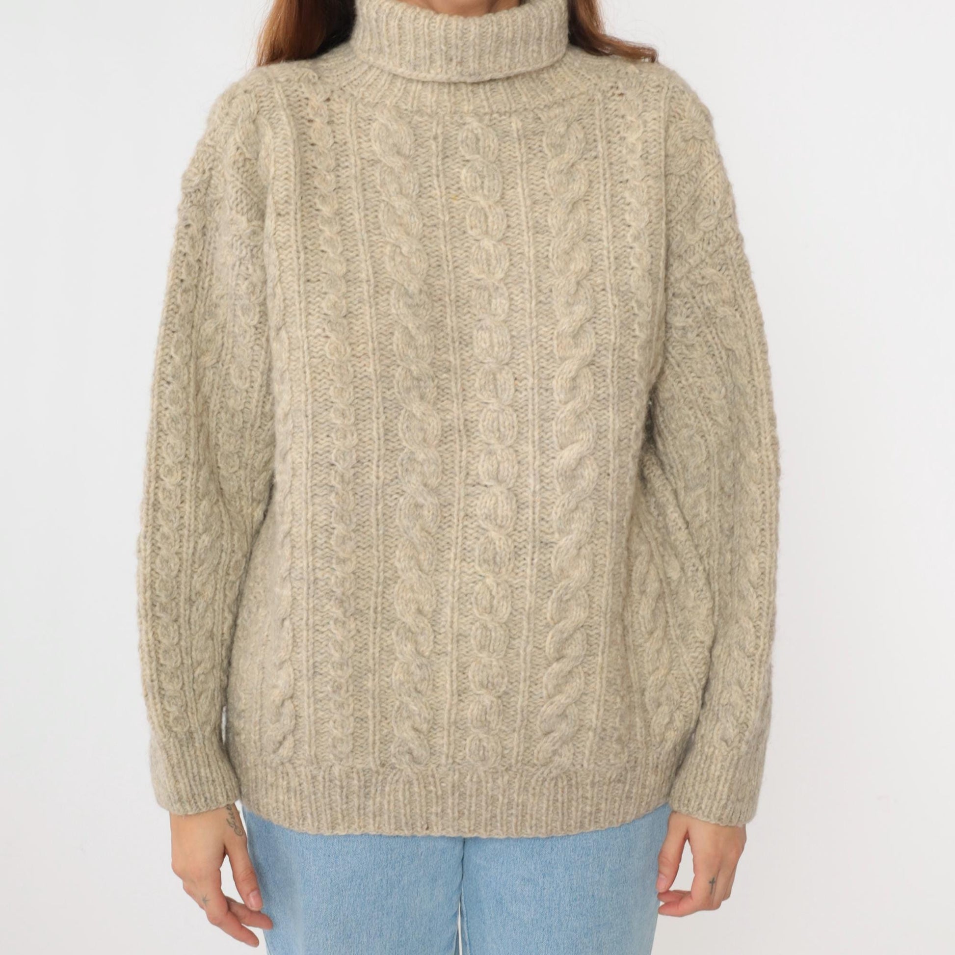 80s Beige Cable Knit Turtleneck Sweater Flecked Pullover Large