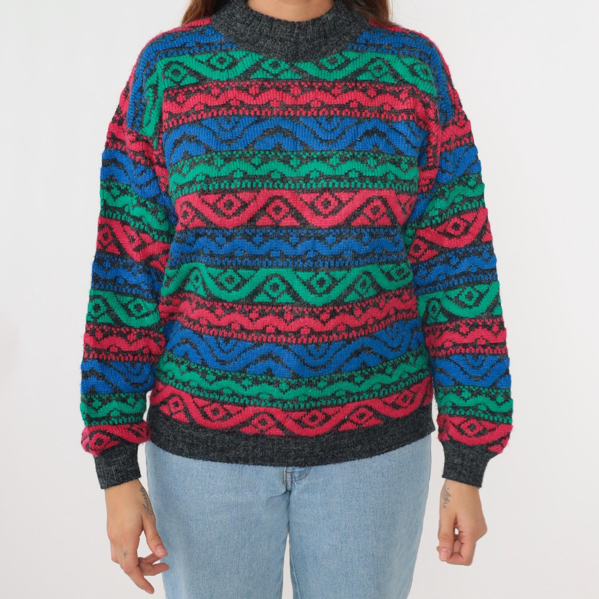 80s Nan Dorsey Geometric Striped Mock Neck Sweater Blue Green Red Medium