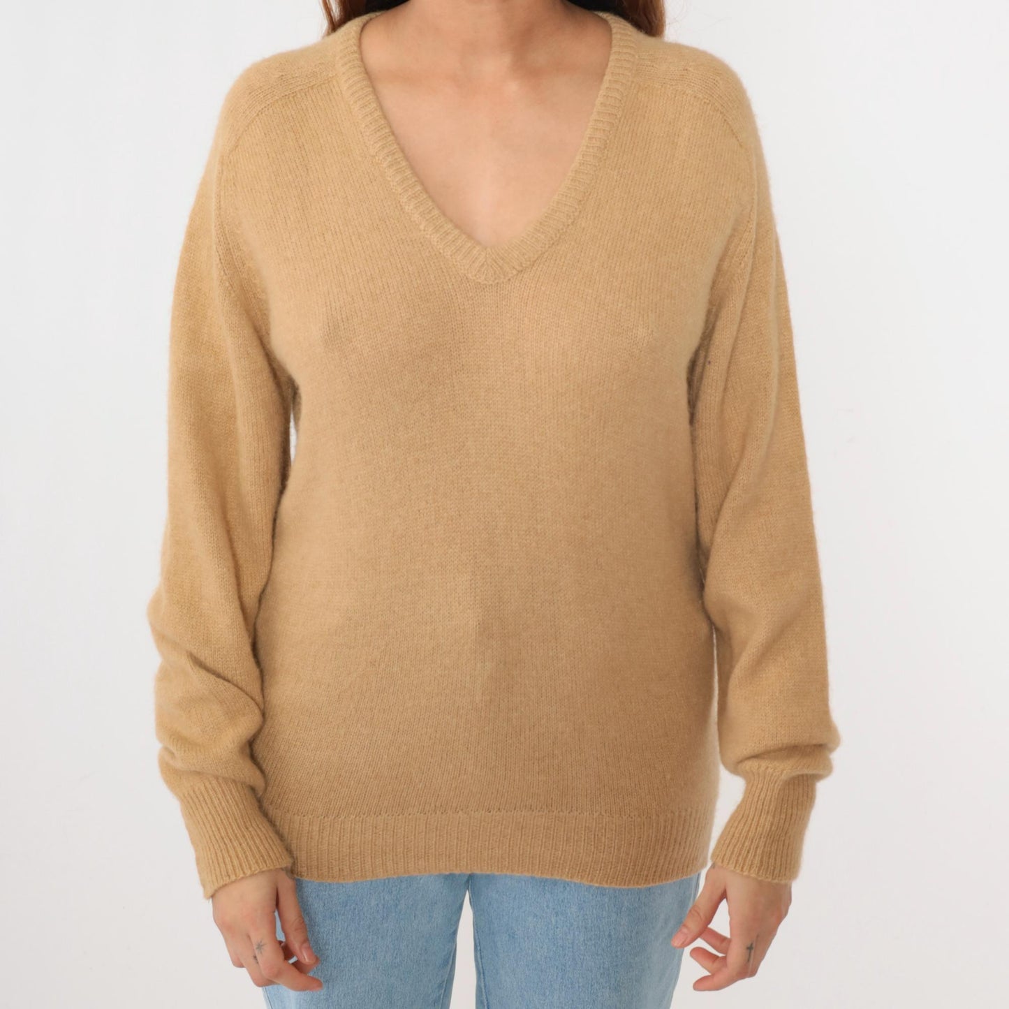 80s Tan V-Neck Knit Sweater Slouchy Pullover Small