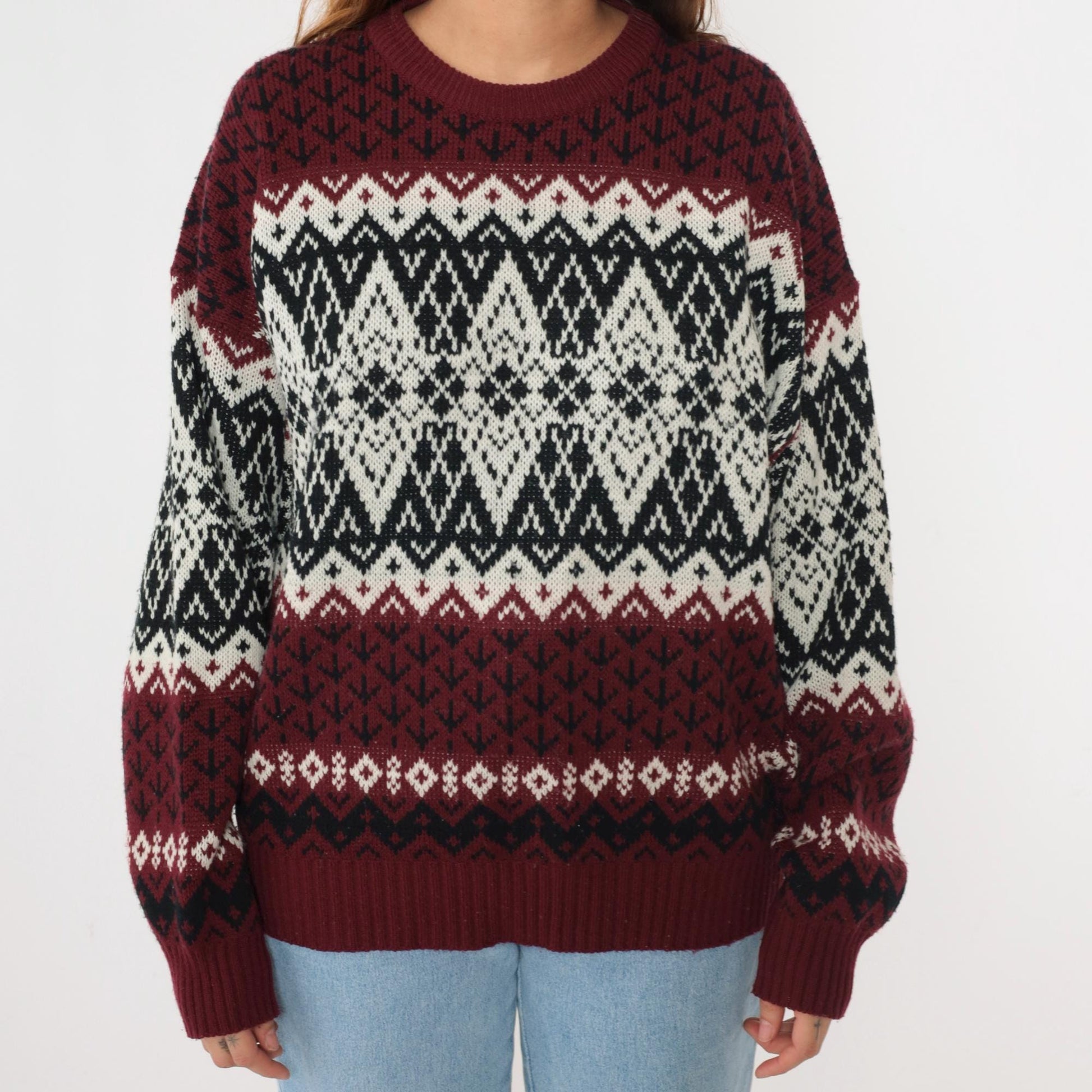 90s Fair Isle Sweater Maroon Black White Geometric Knit Pullover Extra Large