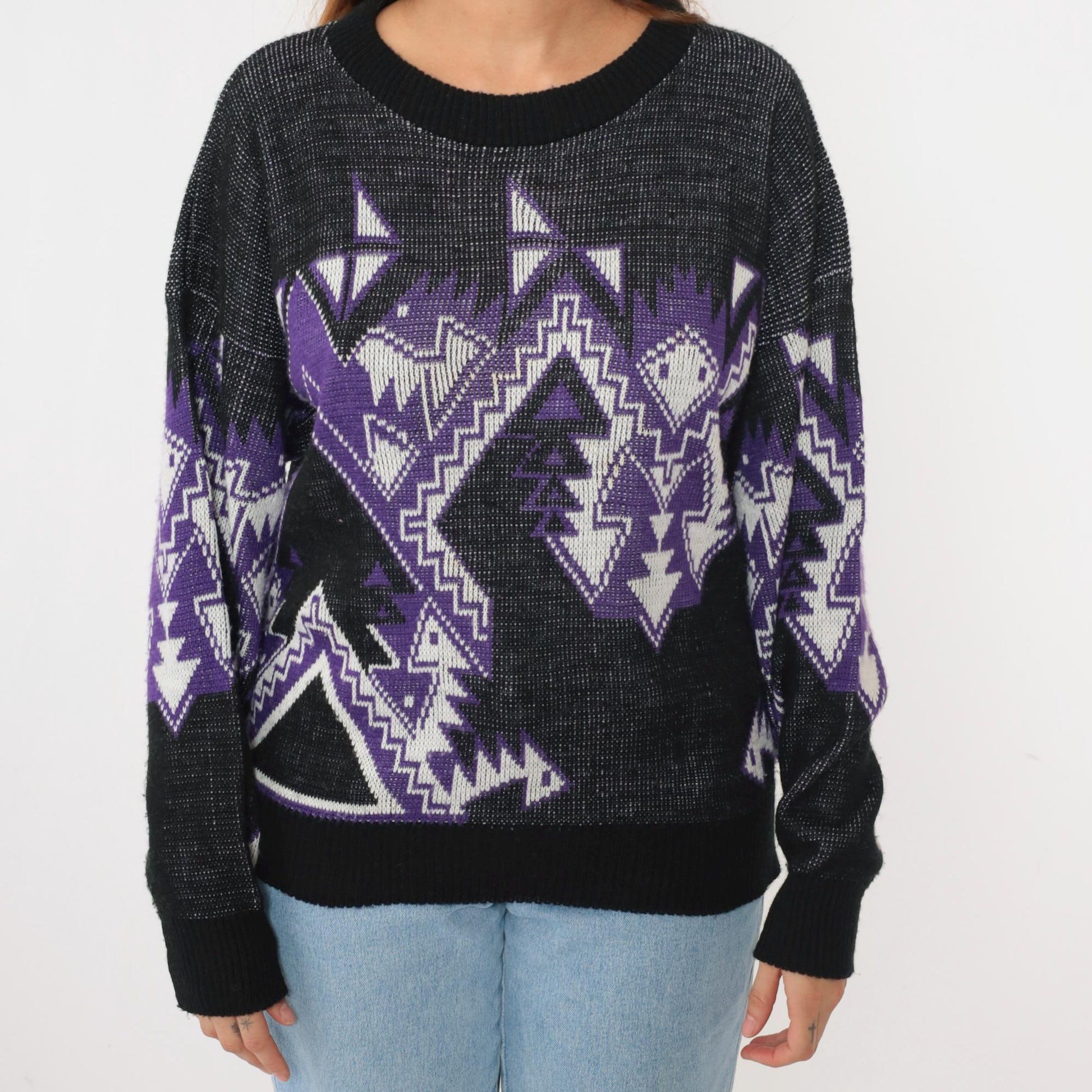 80s Geometric Snake Pattern Sweater Purple Black Acrylic Crewneck Large