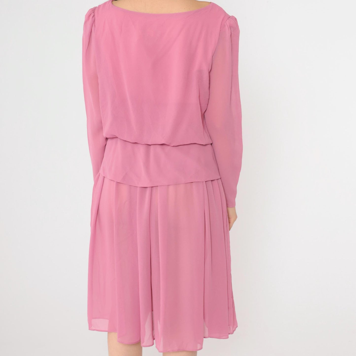 80s Pink Chiffon Midi Dress Puff Sleeve Peplum Waist Long Sleeve Small