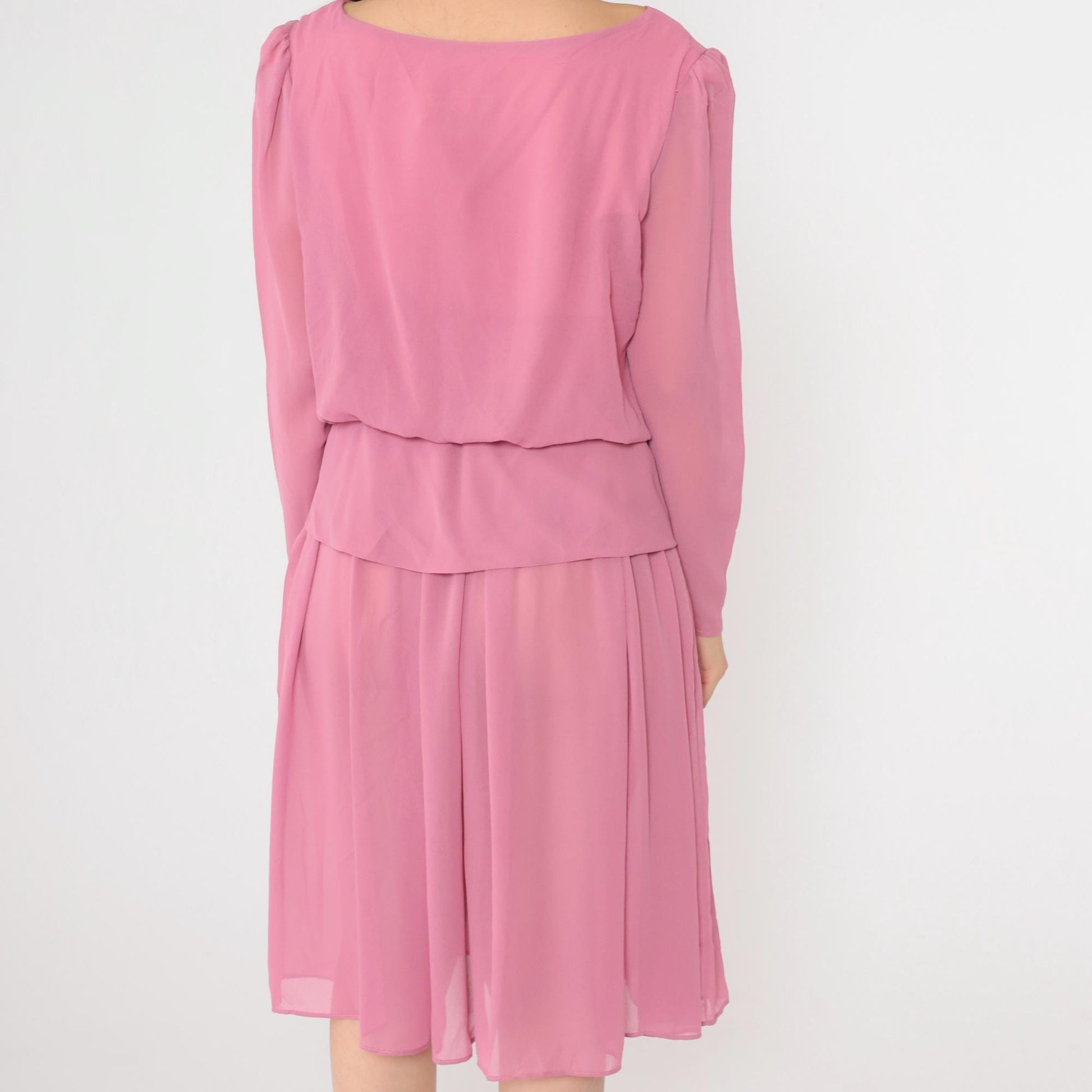 80s Pink Chiffon Midi Dress Puff Sleeve Peplum Waist Long Sleeve Small