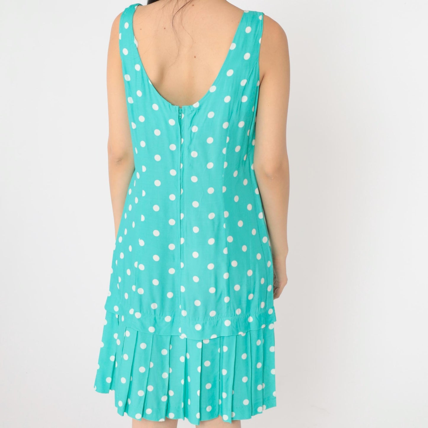 80s Jessica Howard Polka Dot Shift Dress Turquoise Sleeveless Knee Length Medium