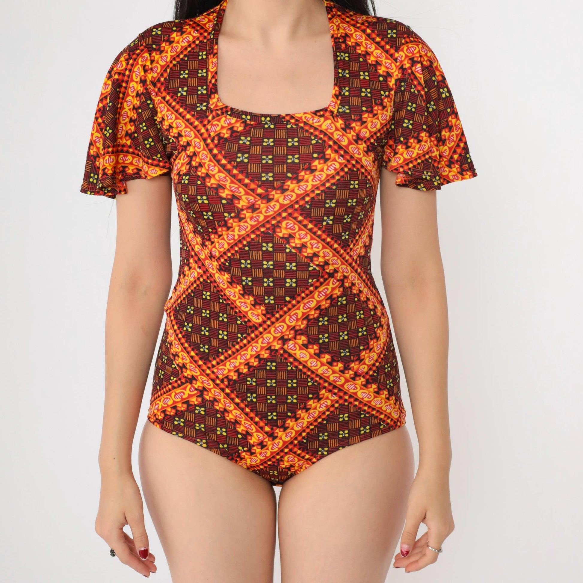 70s Danskin Floral Checkered Bodysuit Flutter Sleeve Square Neck Orange Small