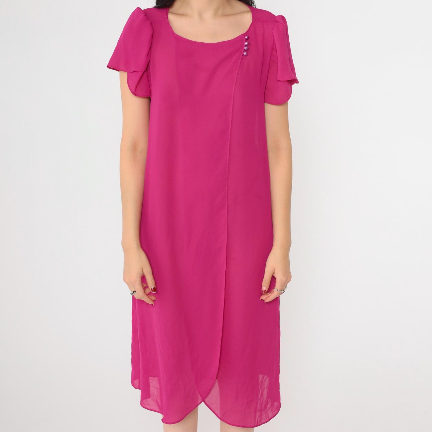 80s Fuchsia Chiffon Shift Dress Puff Sleeve Semi-Sheer Medium