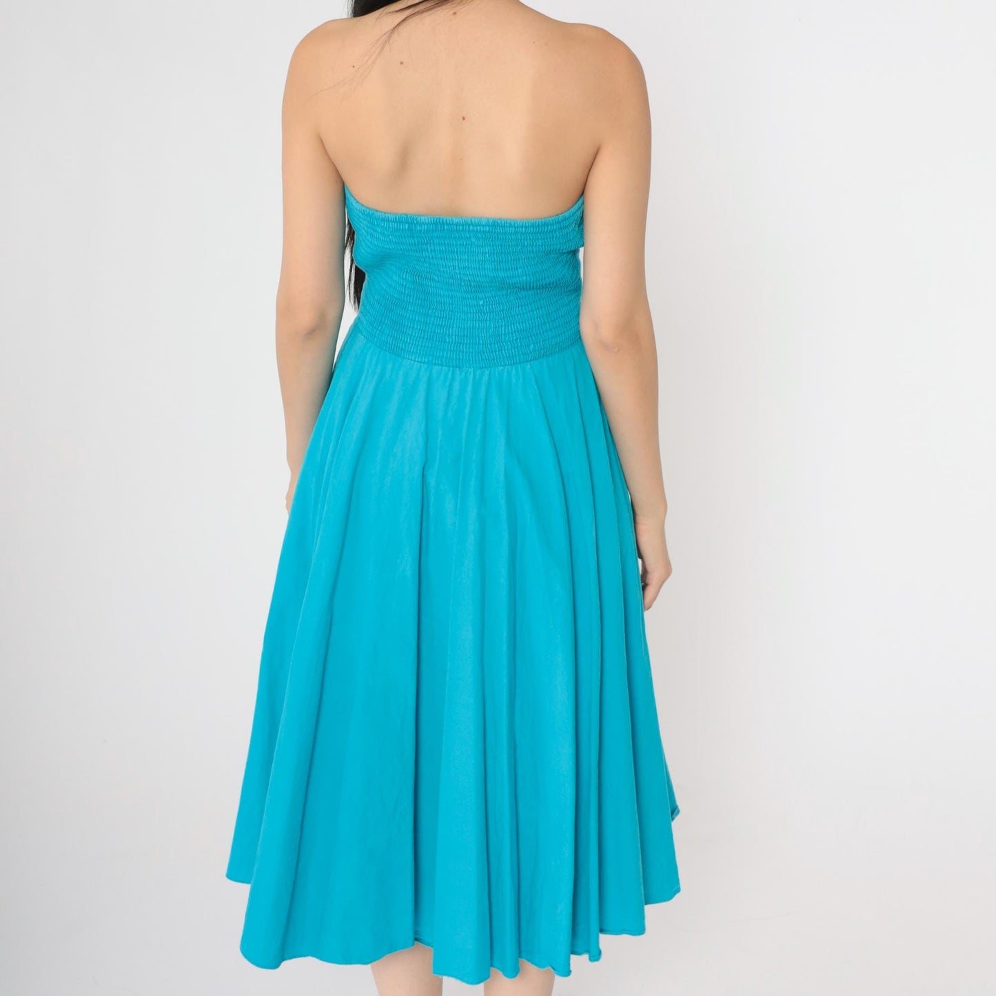 80s Turquoise Strapless Sweetheart Midi Dress Smocked Ruched Cotton Medium
