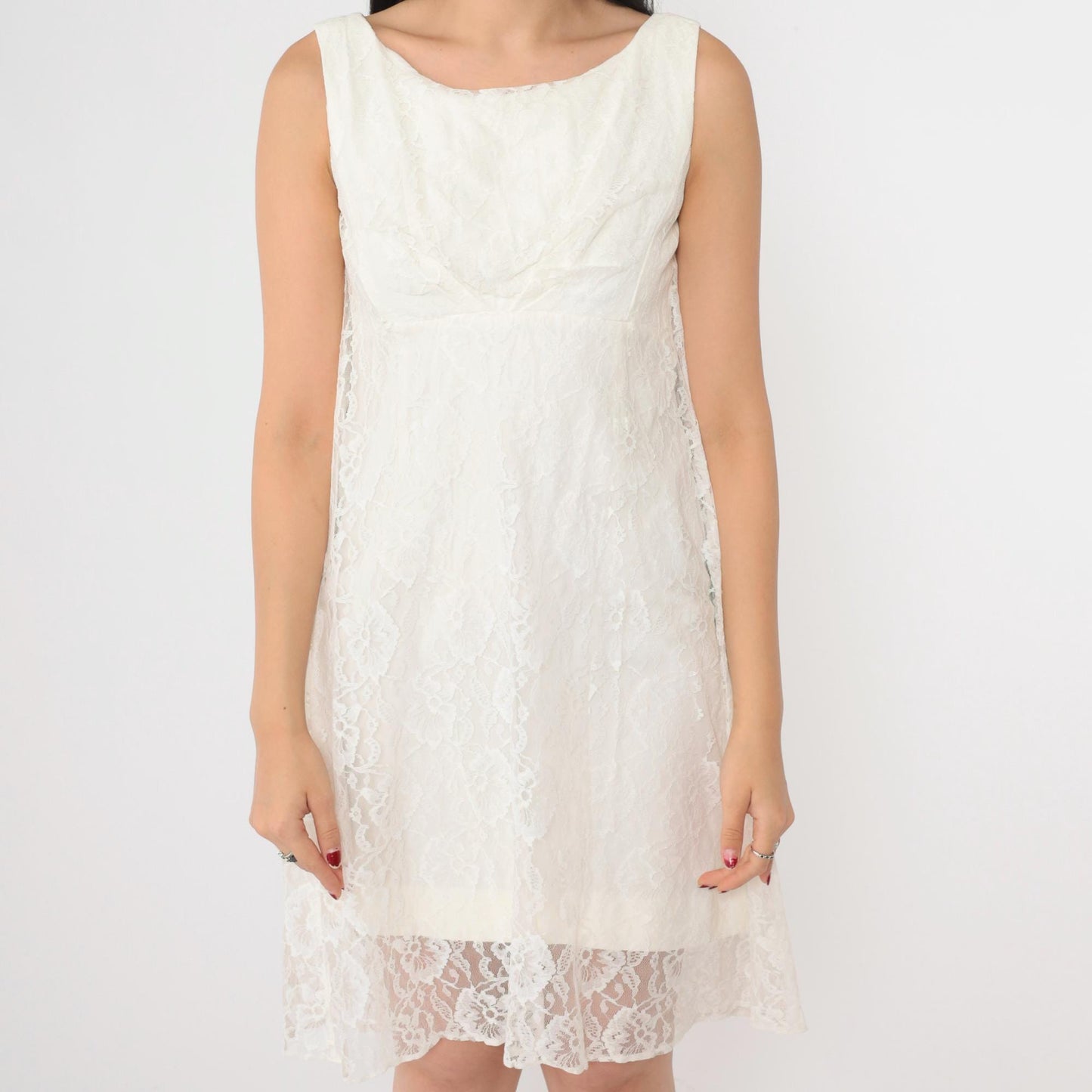 60s White Lace Empire Waist Mini Shift Dress Sleeveless Extra Small XS