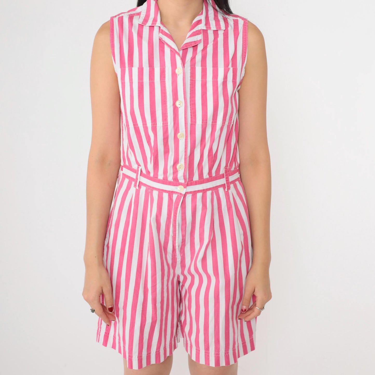80s Striped Button-Up Romper White Pink High Waist Cotton Sleeveless Small