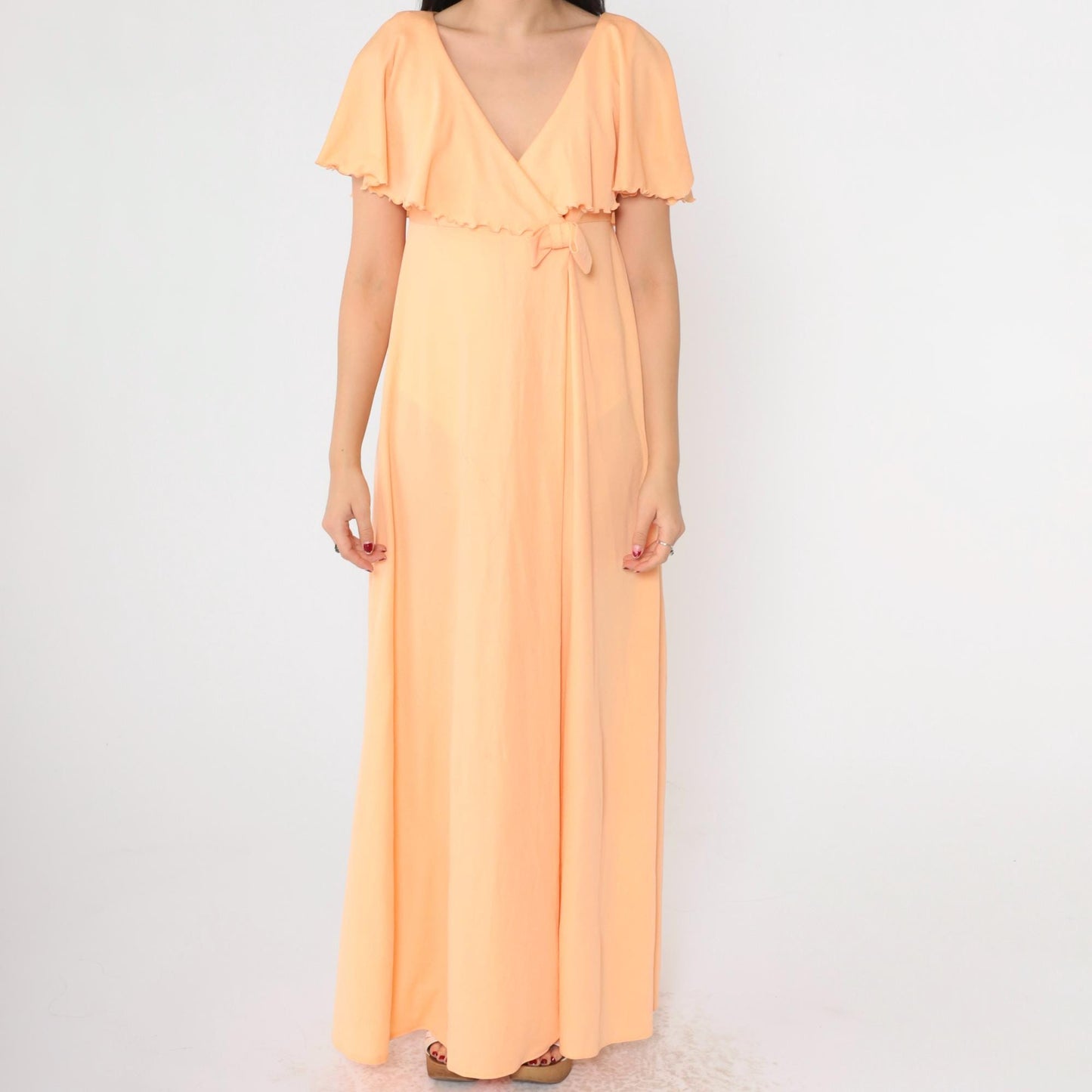 70s Peach Grecian Maxi Dress Empire Waist Capelet Flutter Sleeve Medium