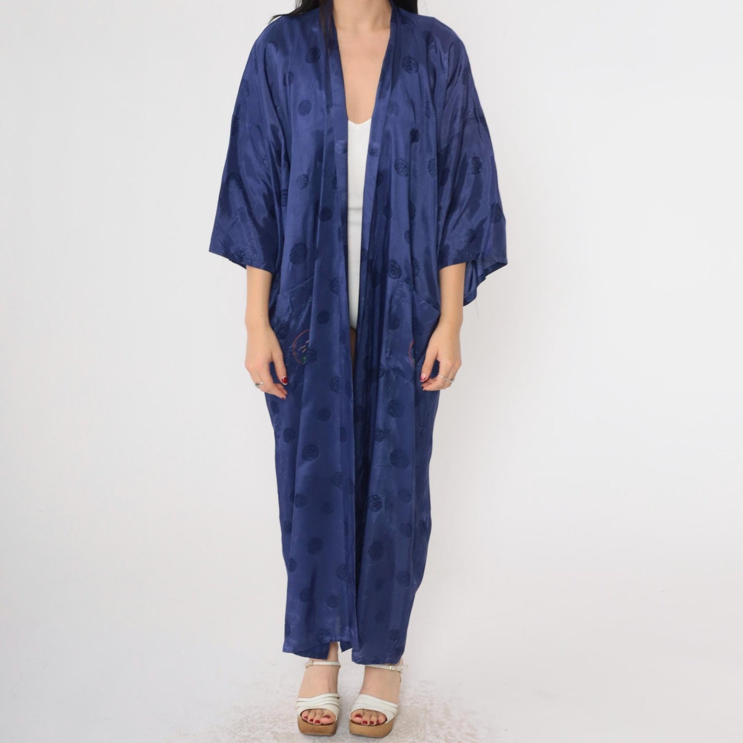80s Dark Blue Embroidered Japanese Village Kimono Robe Maxi Wrap Extra Large