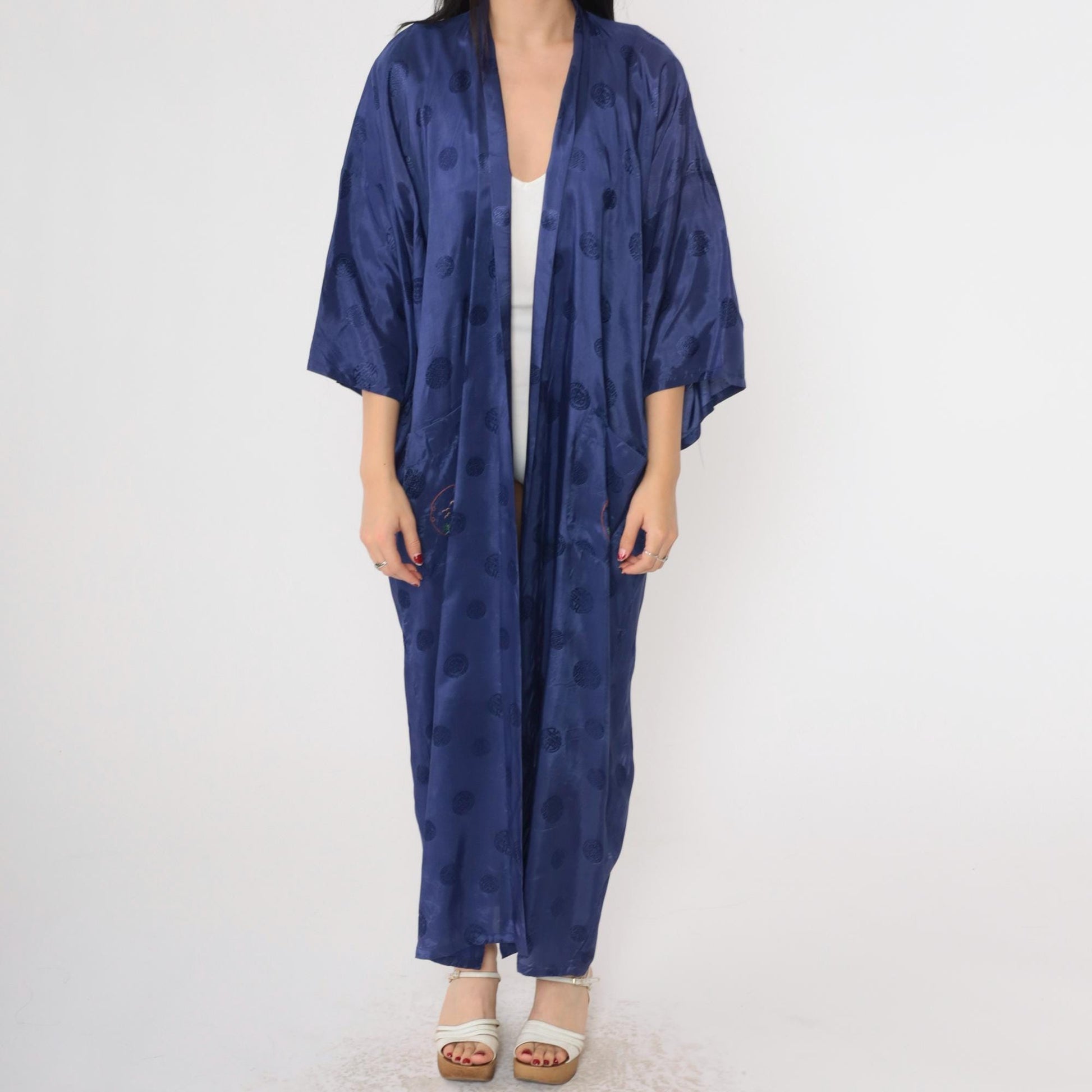 80s Dark Blue Embroidered Japanese Village Kimono Robe Maxi Wrap Extra Large
