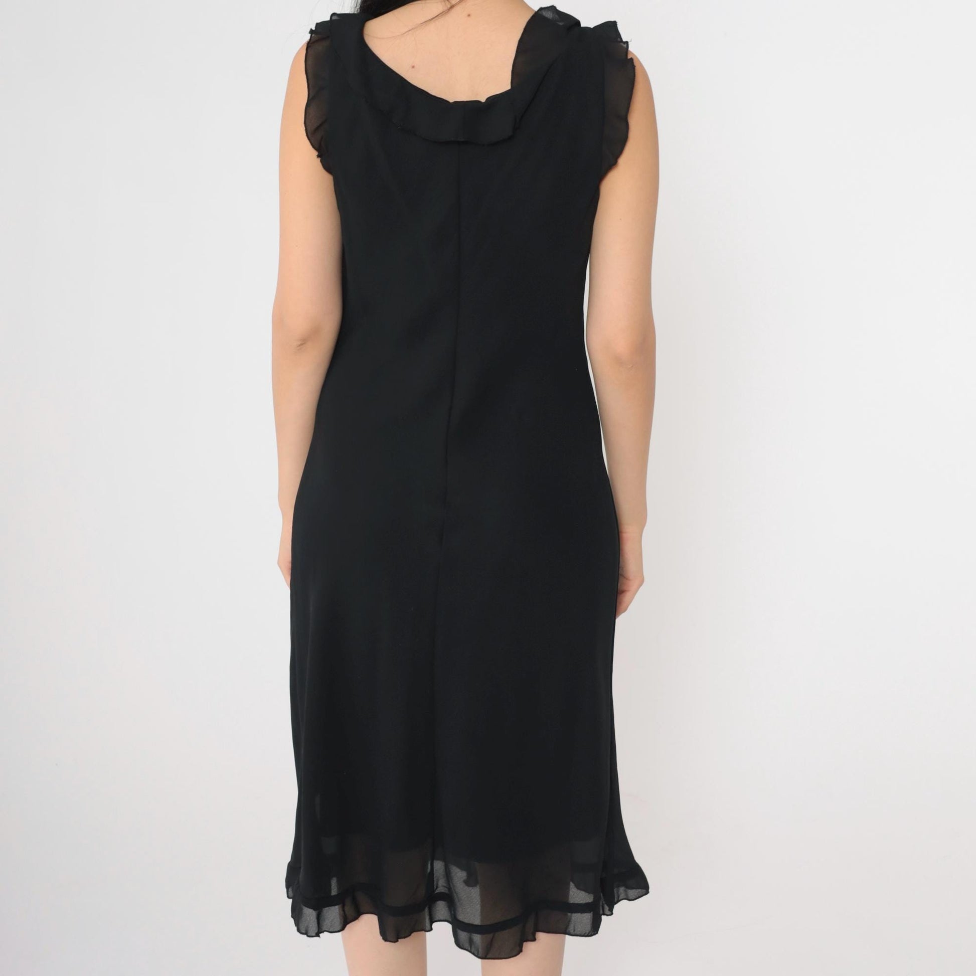 90s Black Chiffon Midi Dress V Neck Ruffled Sleeveless Shift Medium