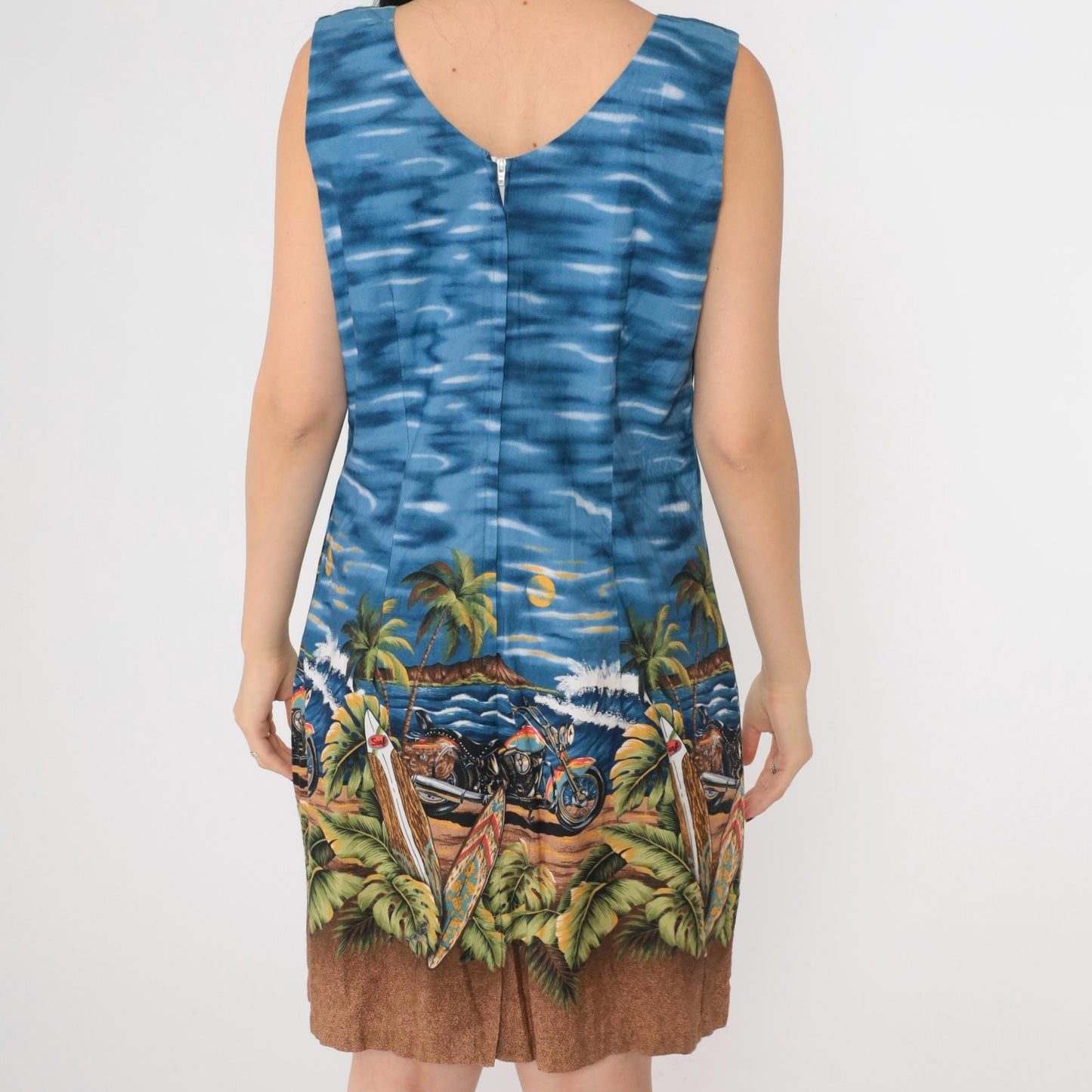1990s Hawaiian Shift Dress Motorcycle Sunset Print Sleeveless Blue Medium