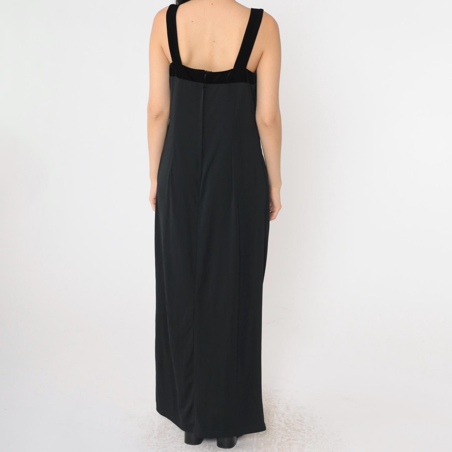 90s Black Velvet Strap Maxi Dress Sleeveless Sheath Front Slit Medium