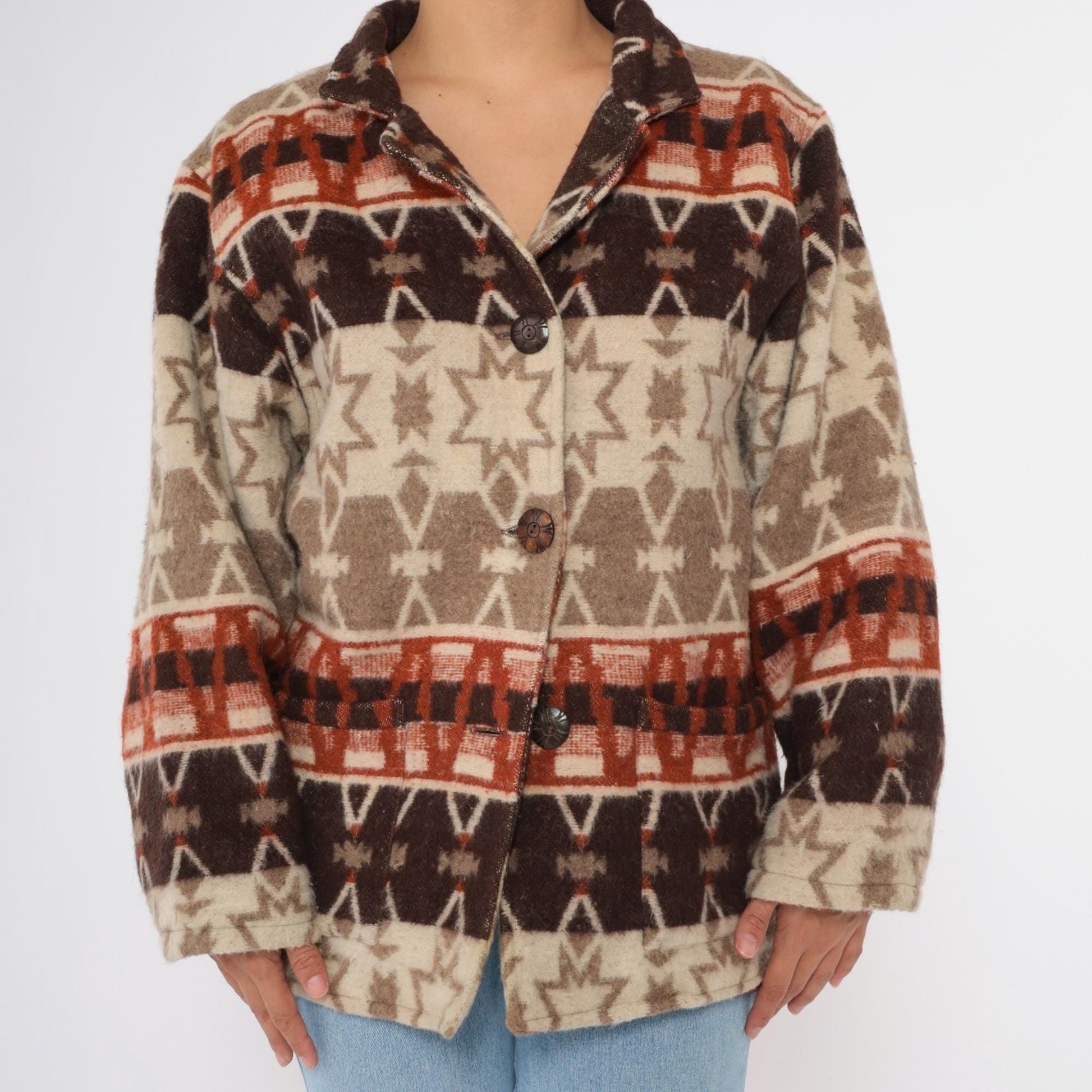 90s Flashback Wool Jacket Southwestern Geometric Star Print Button-Up Large