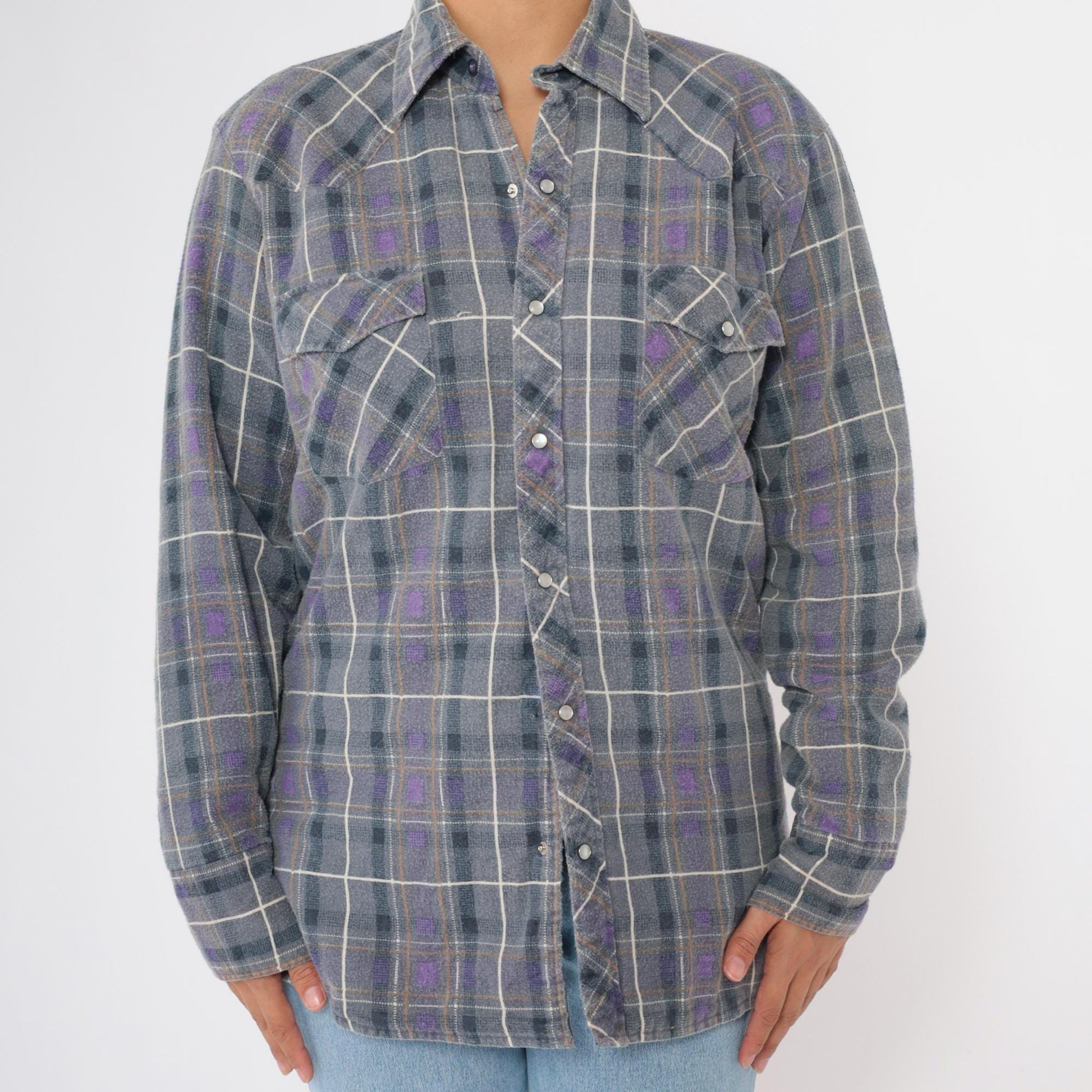 90s Rock Creek Ranch Pearl Snap Flannel Shirt Grey Purple Plaid Medium