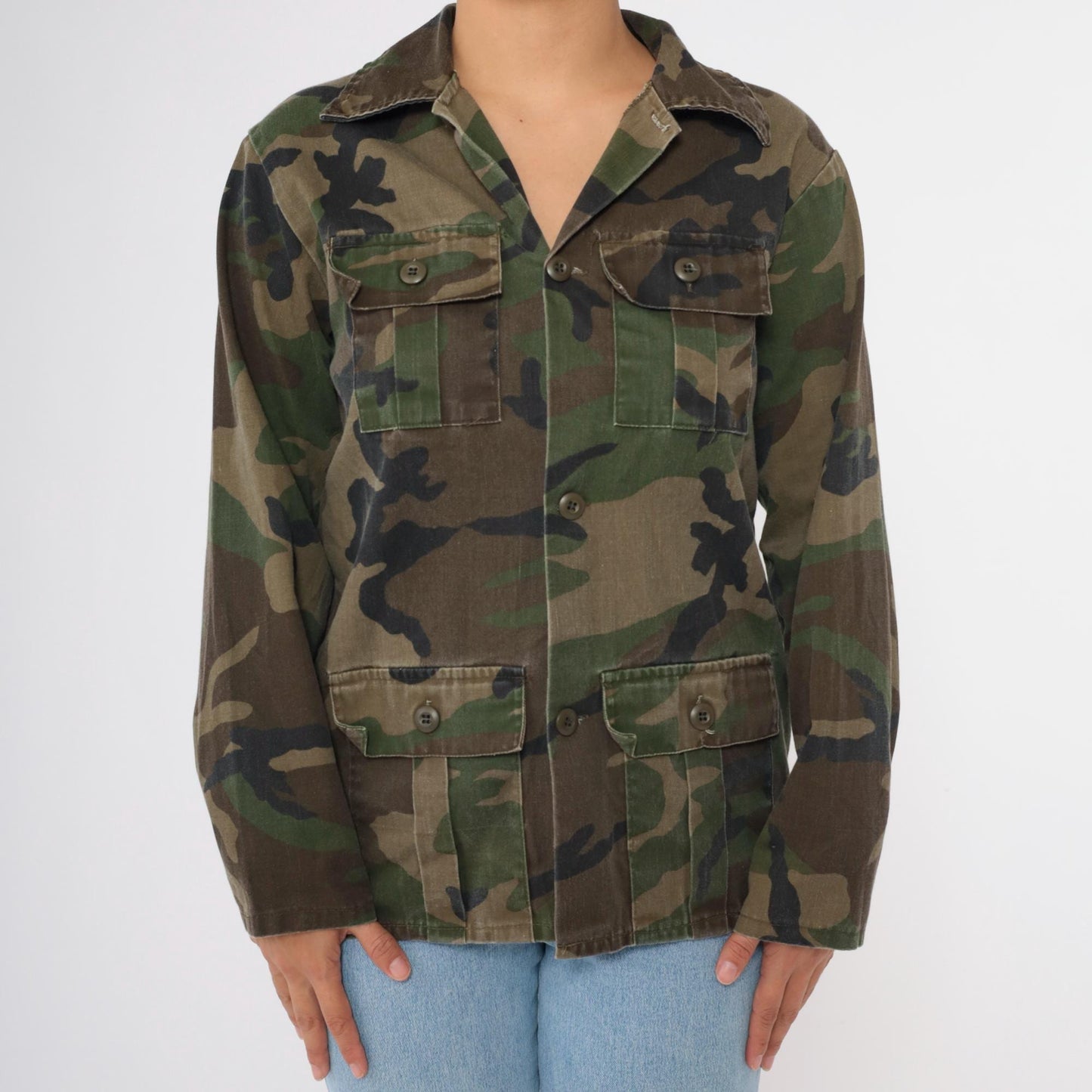 90s Army Camouflage Button-Up Shirt Green Cargo Pockets Small