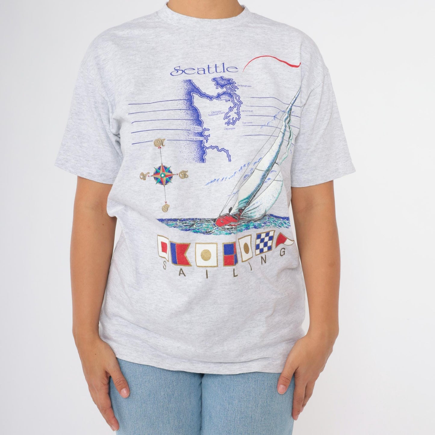 90s Seattle Sailing Graphic T-Shirt Sailboat Print Grey Cotton Medium