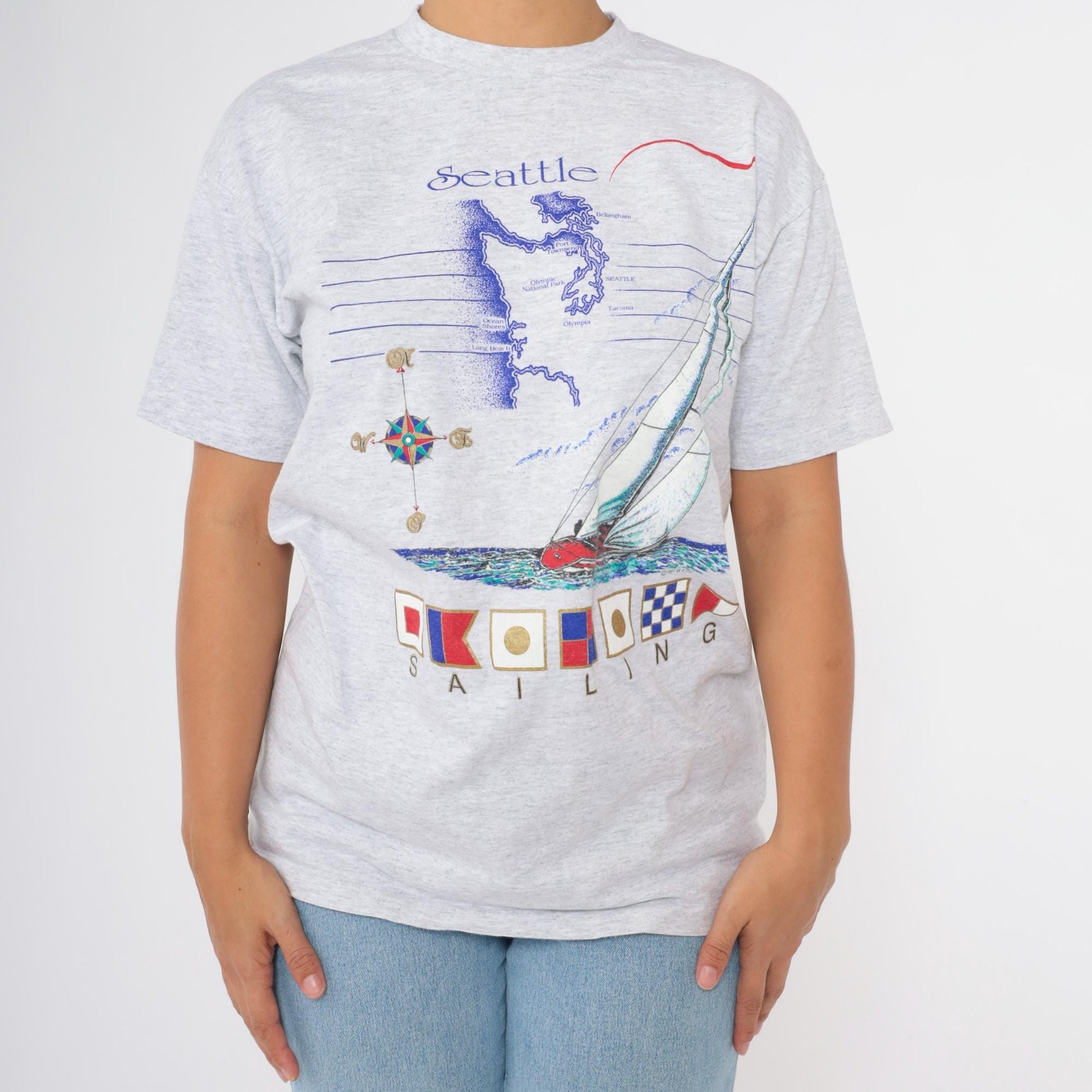 90s Seattle Sailing Graphic T-Shirt Sailboat Print Grey Cotton Medium