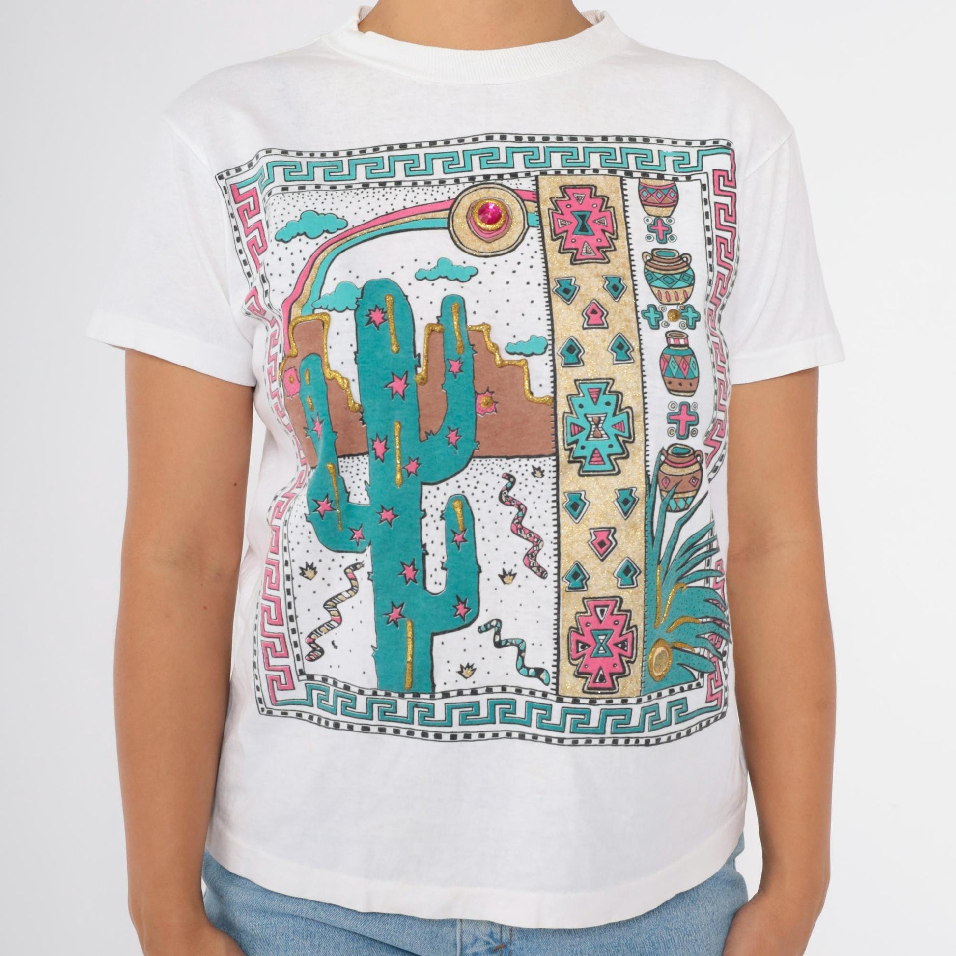 90s Southwestern Cactus Snake Graphic T-Shirt Sparkly Beaded Medium M
