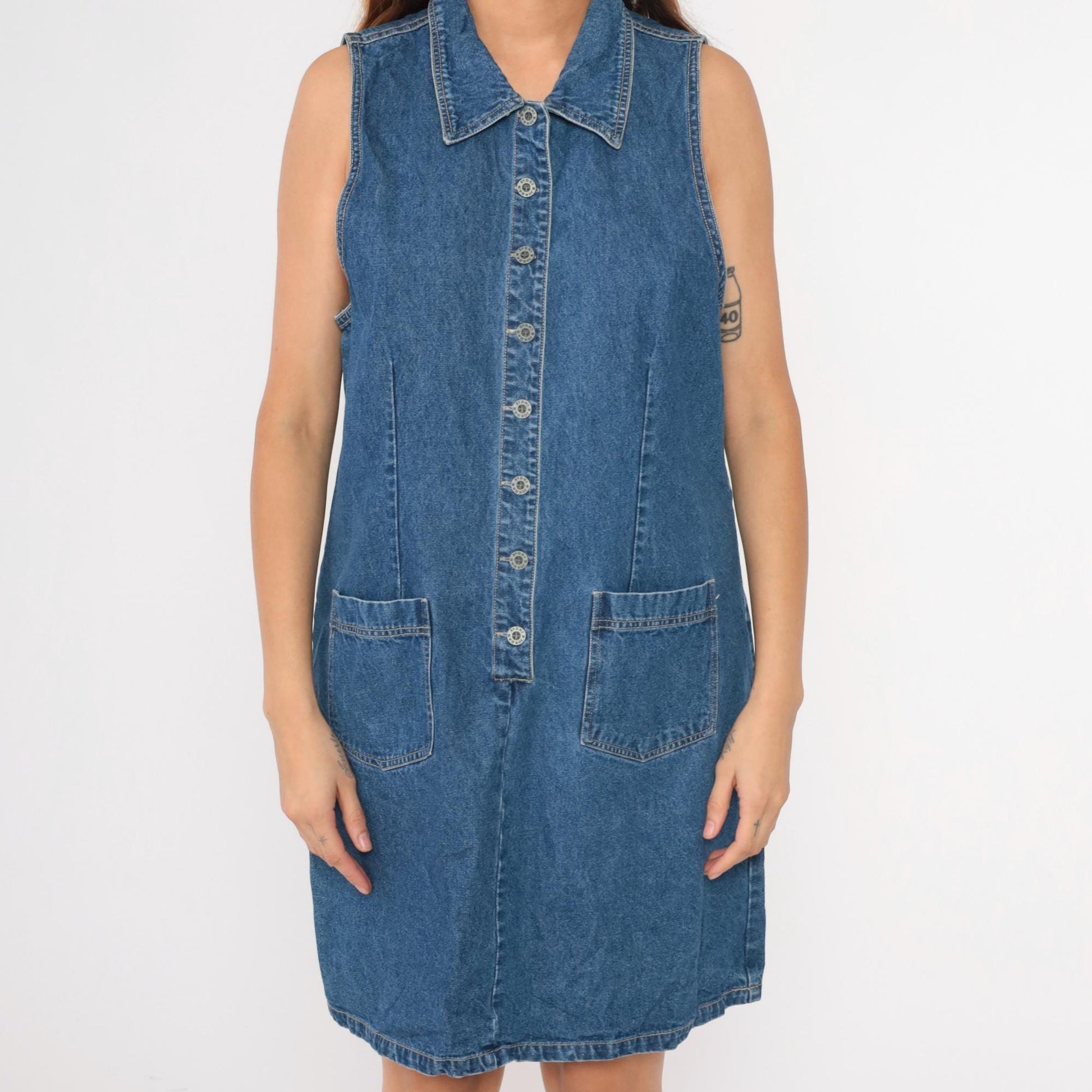 90s Denim Mini Dress Button-Up Sleeveless Blue Cotton Medium Large