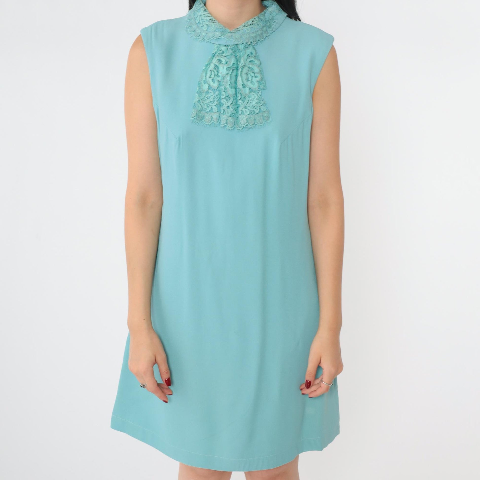 60s Mod Blue Shift Dress Lace Jabot Collar Sleeveless Mini Small Medium