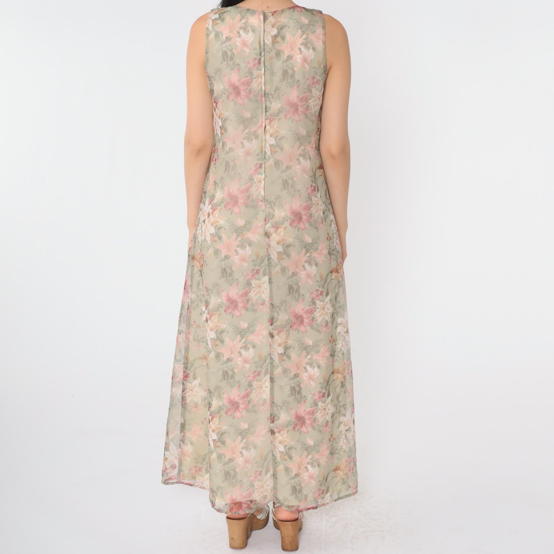 90s Floral Lily Maxi Sundress Soft Green Pink Sleeveless Scoop Neck Small