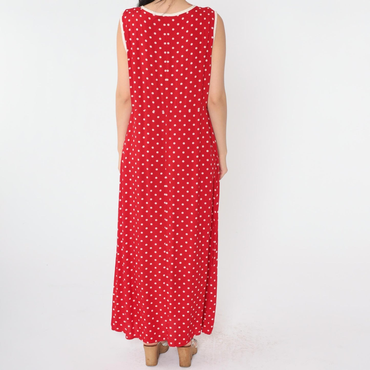 90s Red Polka Dot Maxi Dress Sleeveless High Waist Scoop Neck Medium