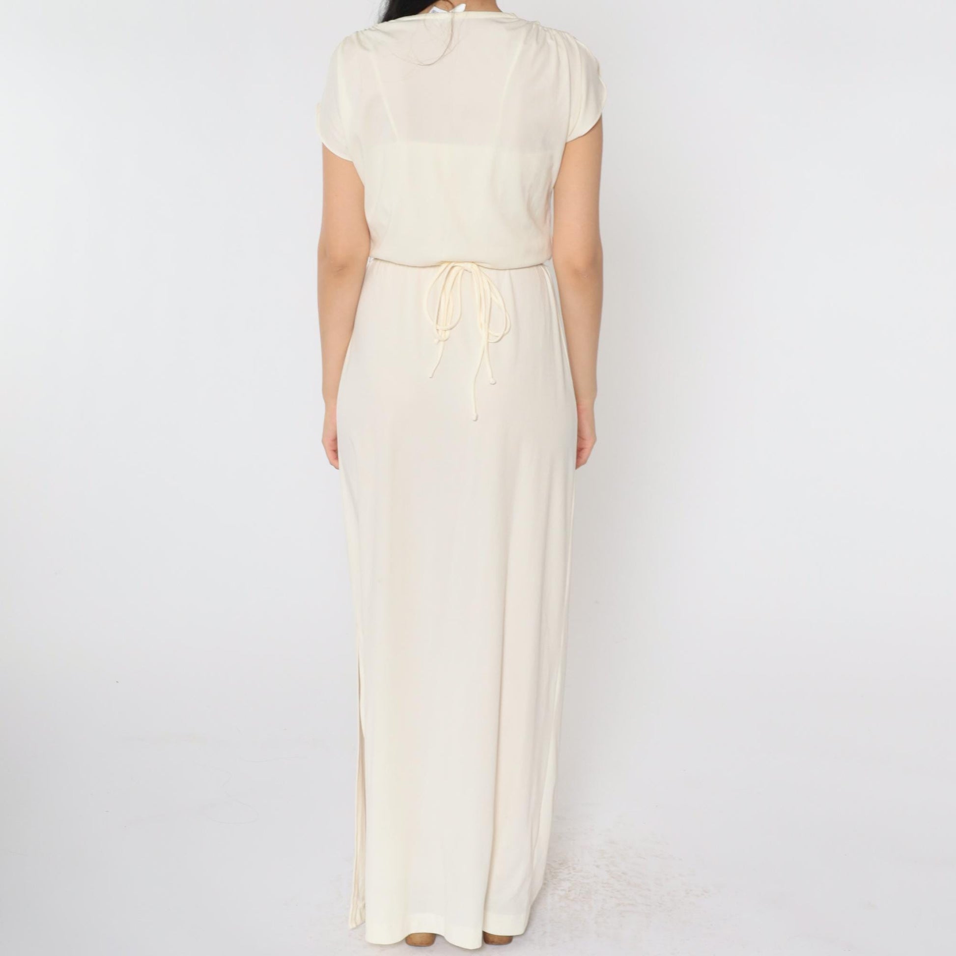 70s Cream Maxi Dress Embroidered Floral Wrap Bodice Flutter Sleeve Small