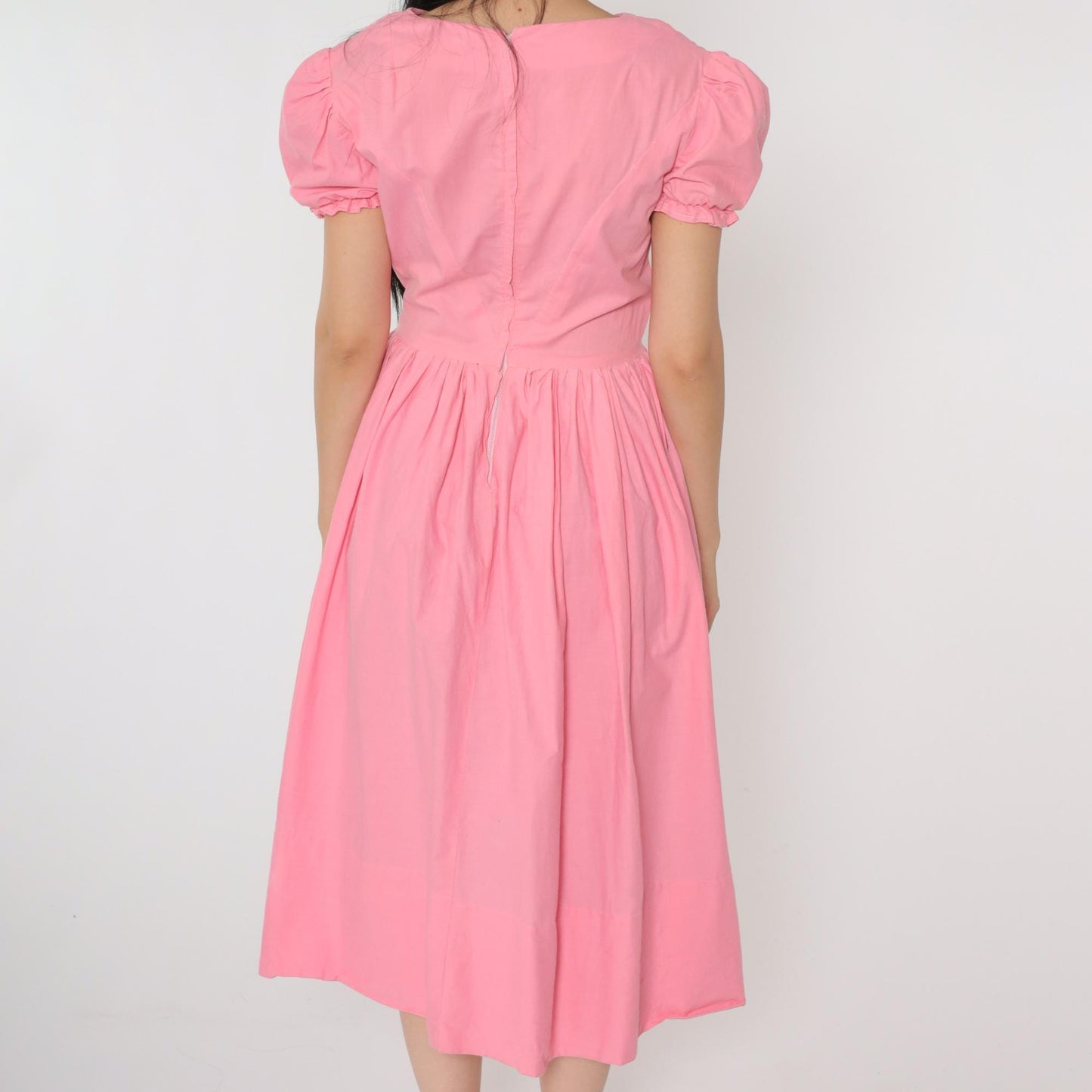 60s Bright Pink Puff Sleeve Midi Dress High Waist Full Skirt Small S