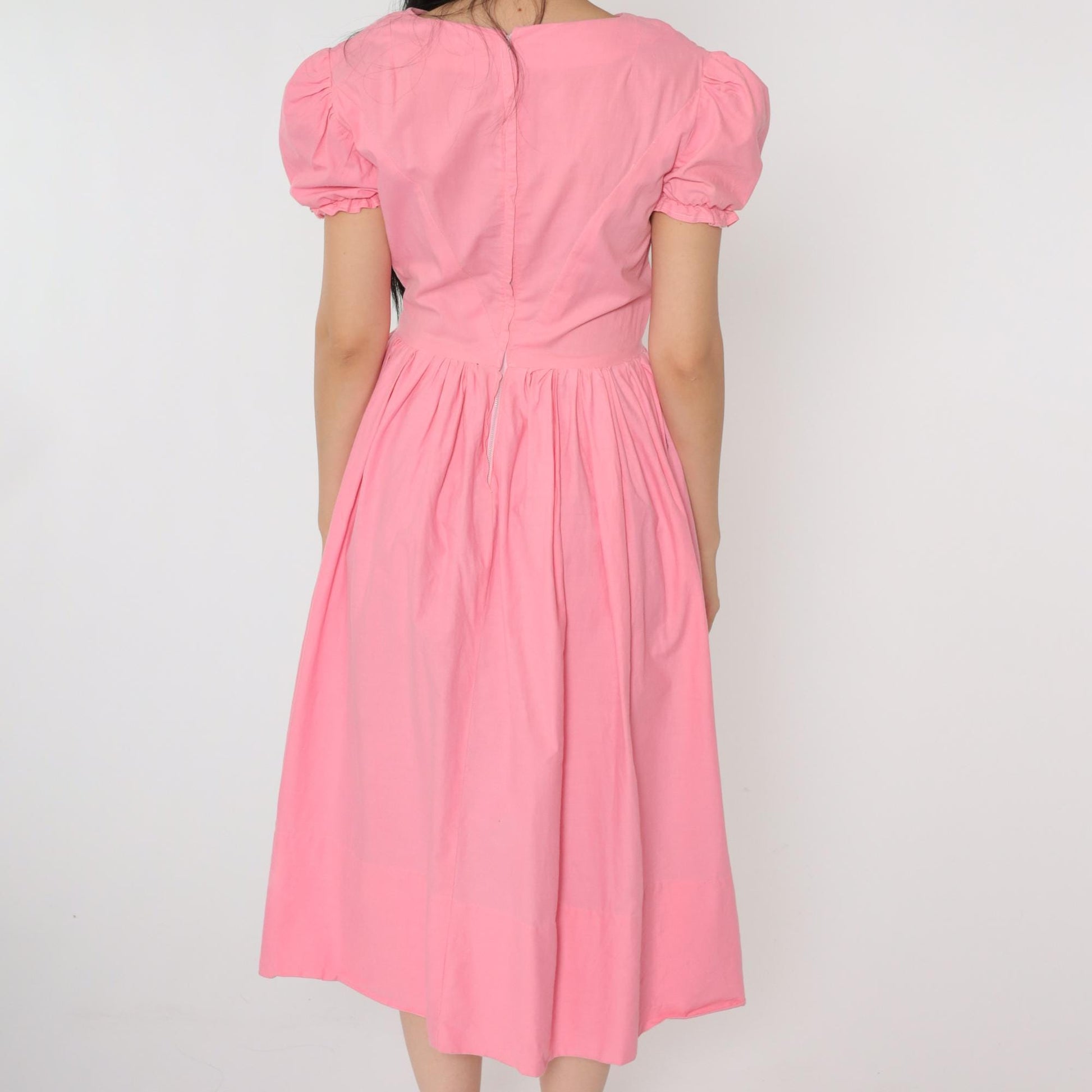 60s Bright Pink Puff Sleeve Midi Dress High Waist Full Skirt Small S